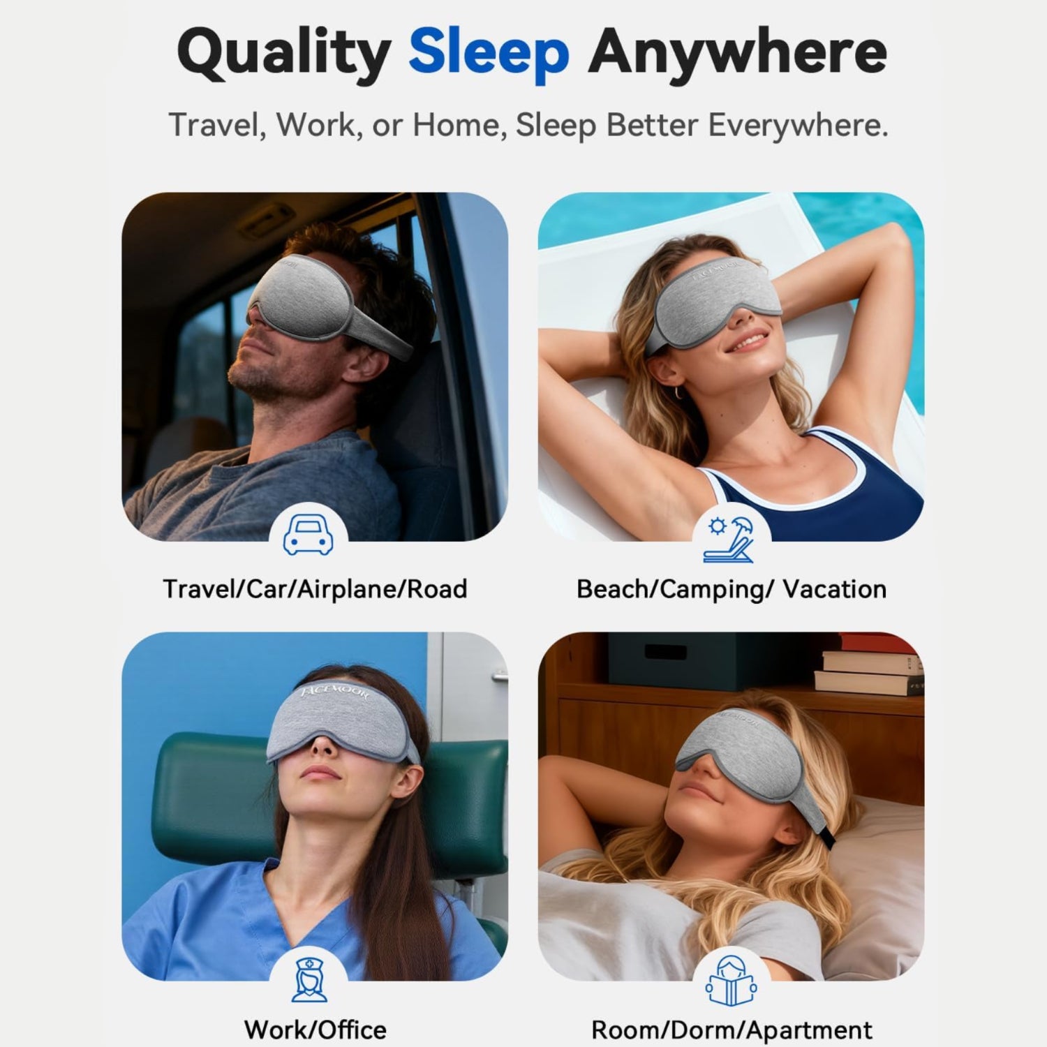 FACEMOON weighted sleep mask in black, designed for women and men, featuring soft fabric and eye comfort for restful sleep.