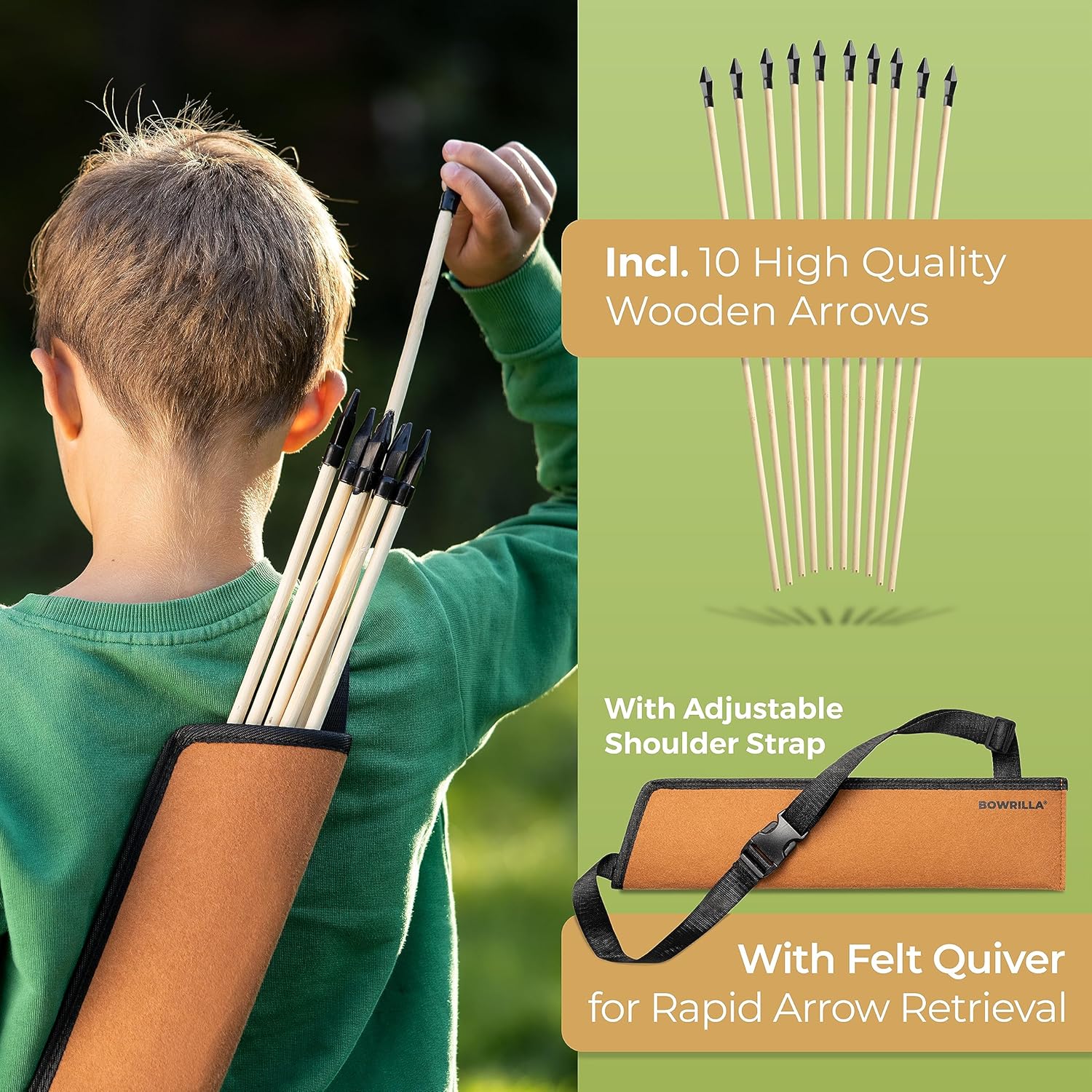 BOWRILLA® wooden kids bow and arrow set with 10 arrows and quiver, featuring a colorful toy archery game for children