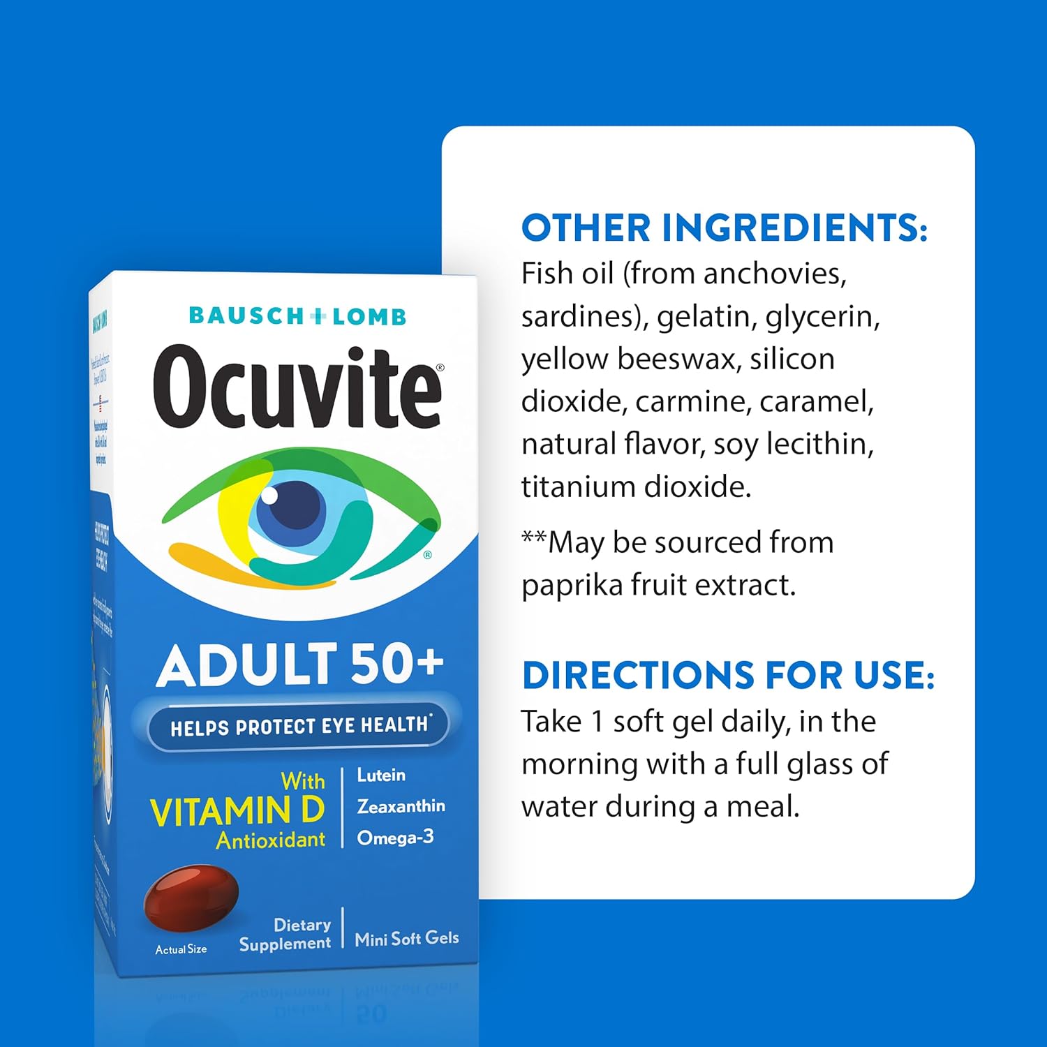 Ocuvite 50+ eye vitamin and mineral supplement bottle with colorful label, designed for supporting eye health in seniors.