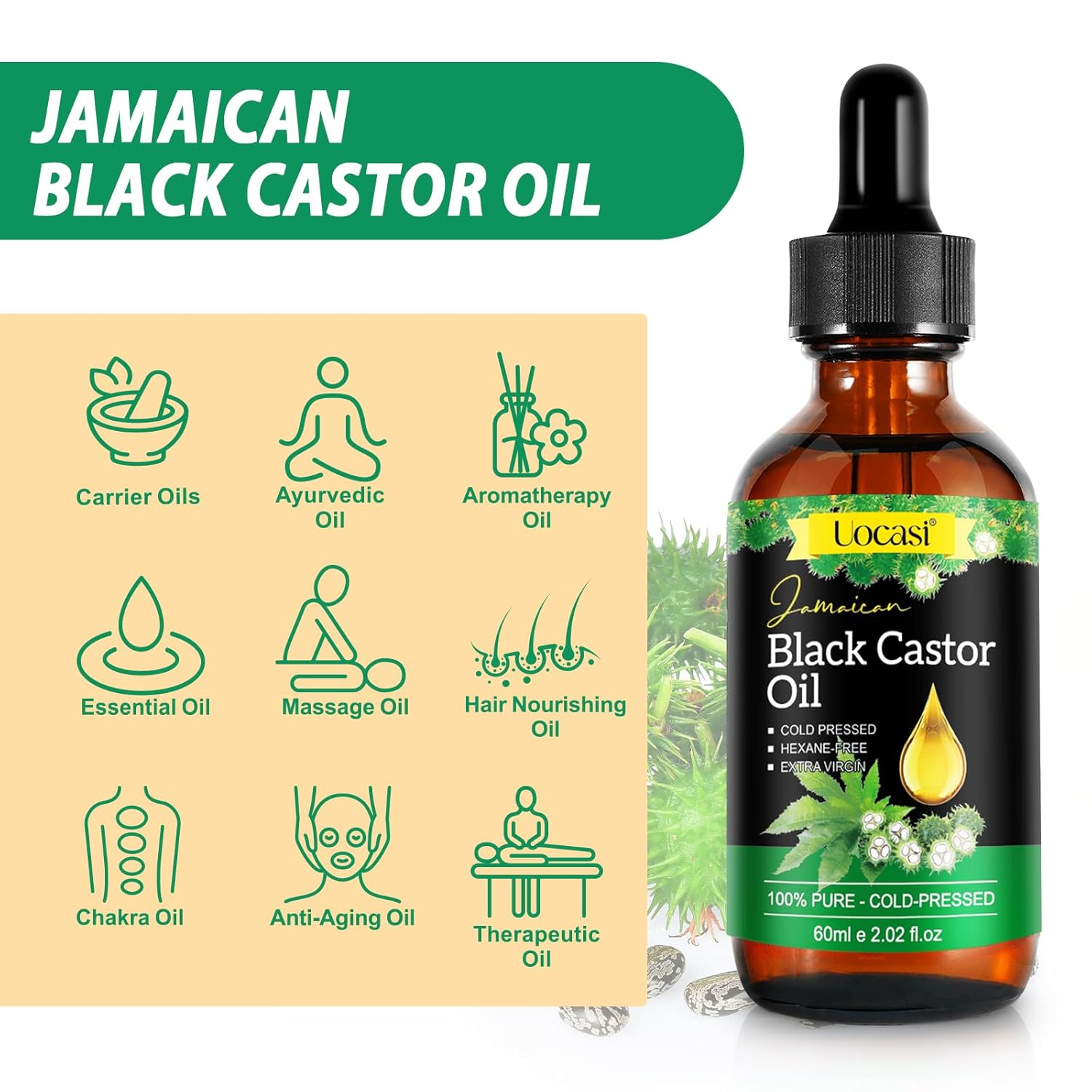 Uocasi Jamaican Black Castor Oil in a glass bottle, 100% pure, organic, cold-pressed for hair and skin care.