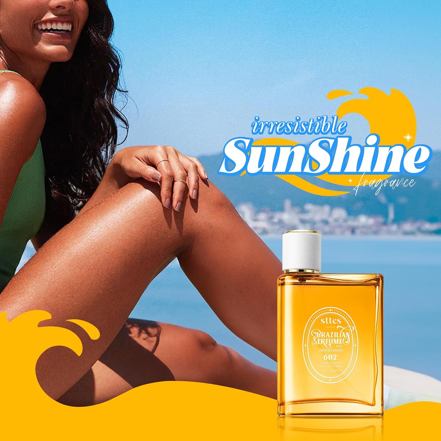 Sttes Perfume 602# Irresistible Sunshine for Women with notes of pistachio, vanilla, and salted caramel, displayed in a sleek bottle.