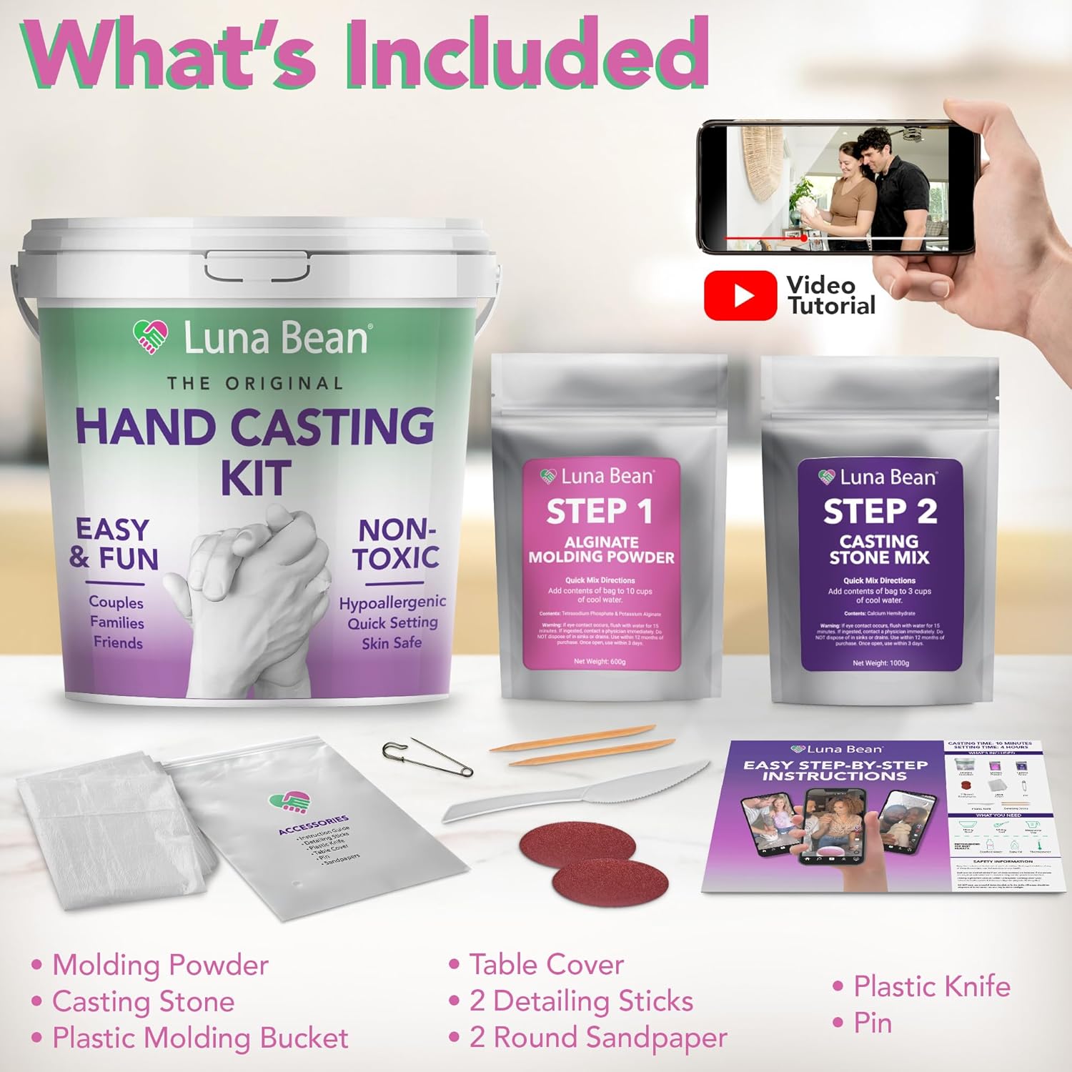 Luna Bean Hand Casting Kit showing a hand mold in progress with casting materials for couples' hand sculpture.
