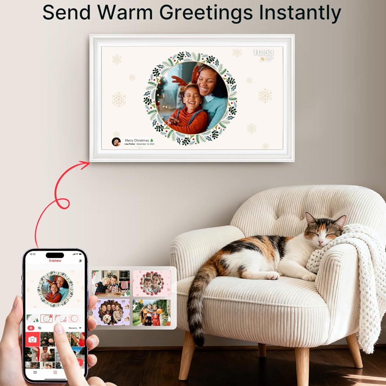 BIGASUO 15.6-inch Digital Picture Frame with WiFi, 64GB storage, Frameo electronic photo frame showing colorful family photos