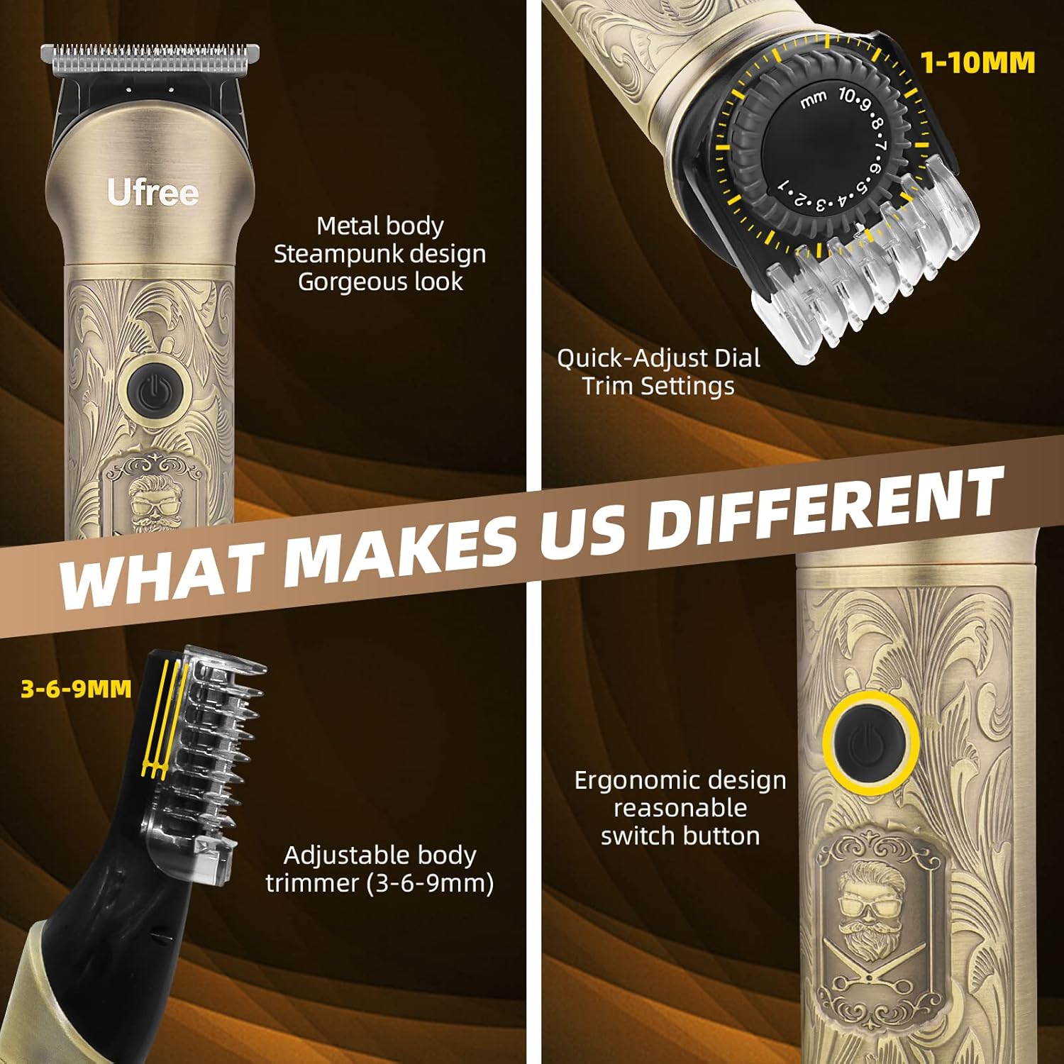 Ufree beard trimmer for men with electric razor shaver and cordless hair clipper, shown with adjustable trimming attachments.