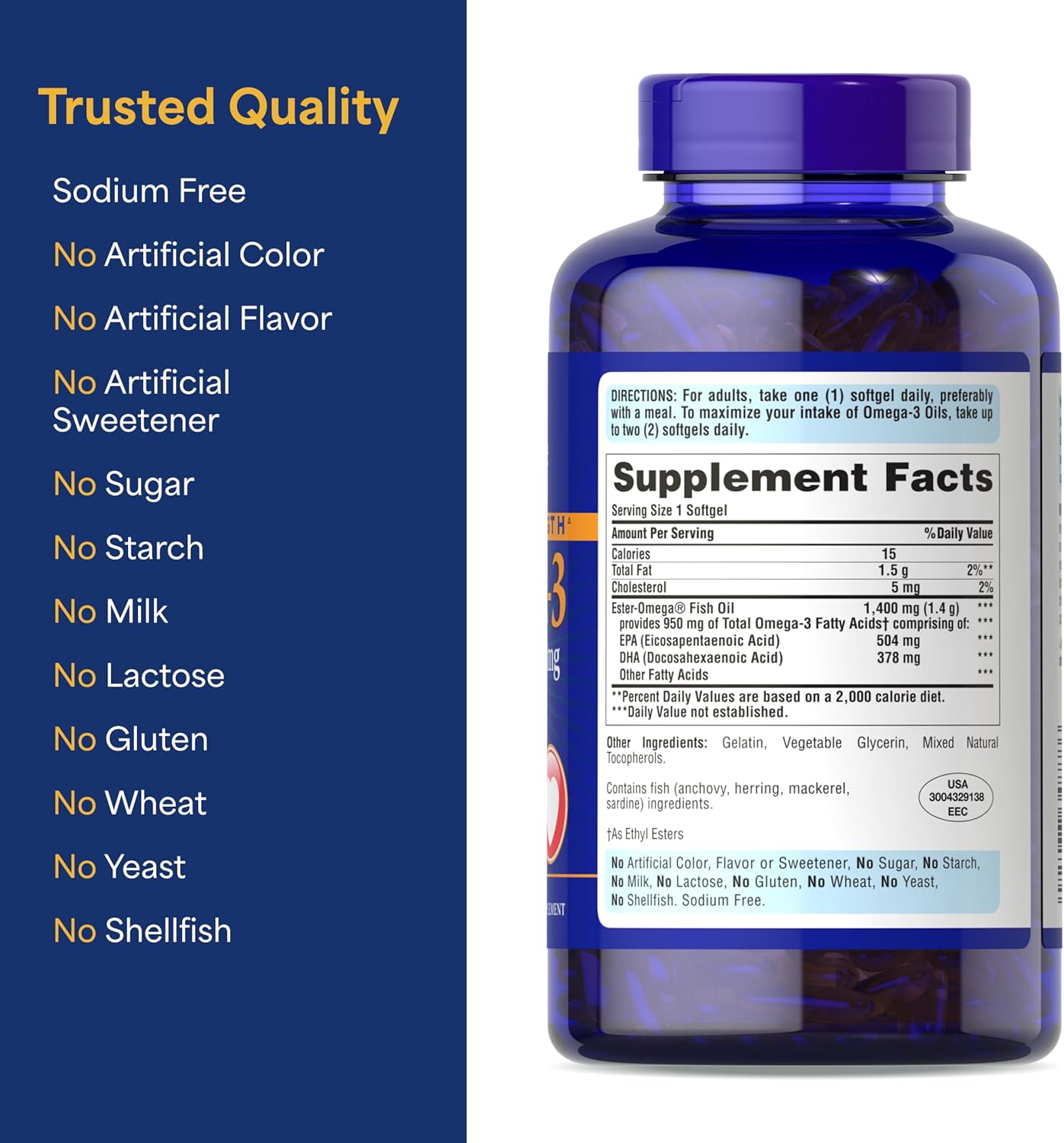 Puritan's Pride Triple Strength Omega-3 Fish Oil bottle with clear label showing 1400mg and 950mg active Omega-3 capsules.