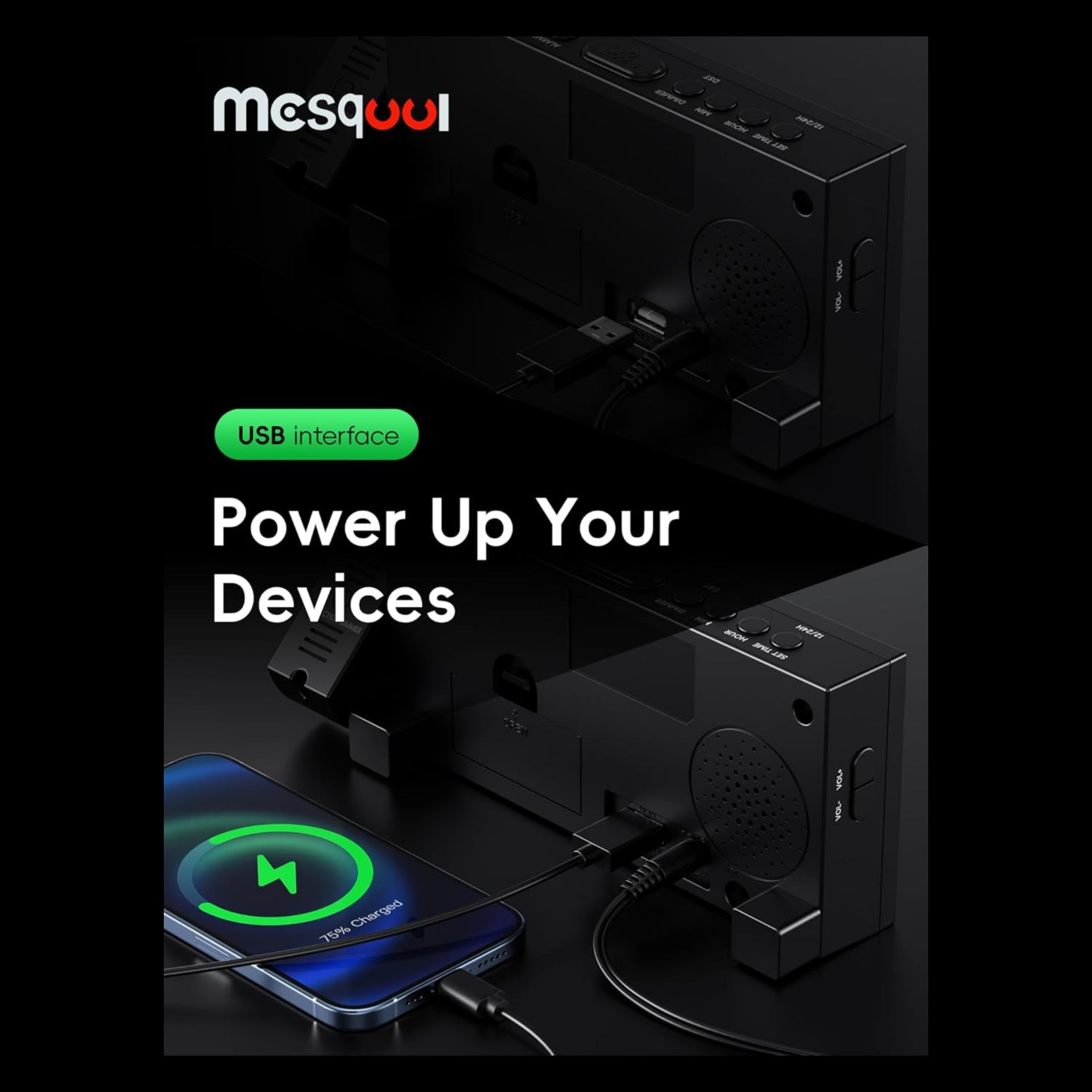 Mesqool digital projection alarm clock with large LED display and 180° rotatable projector for bedrooms.