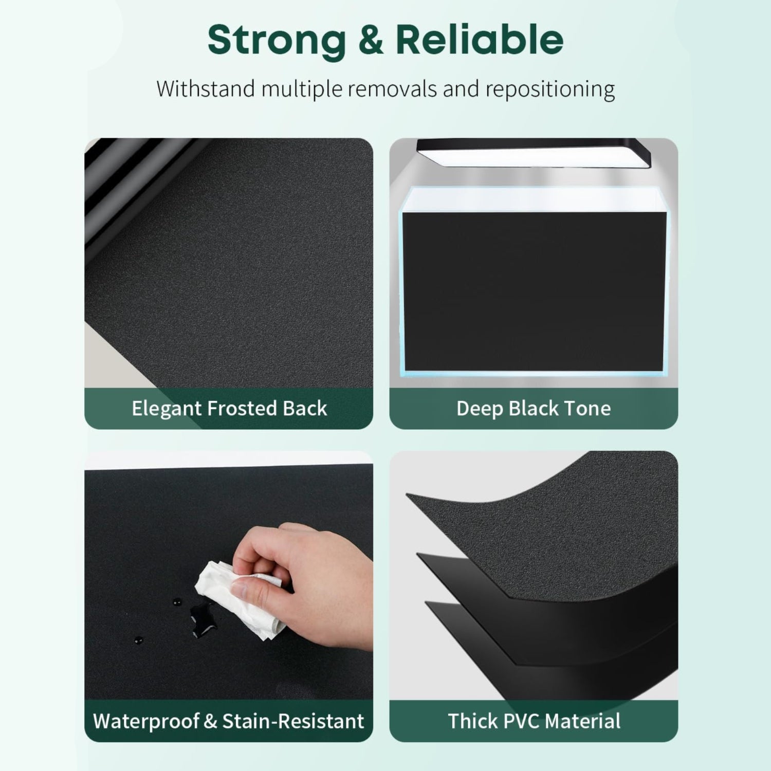 Product features including waterproof and stain-resistant material, thick PVC, and durable design.