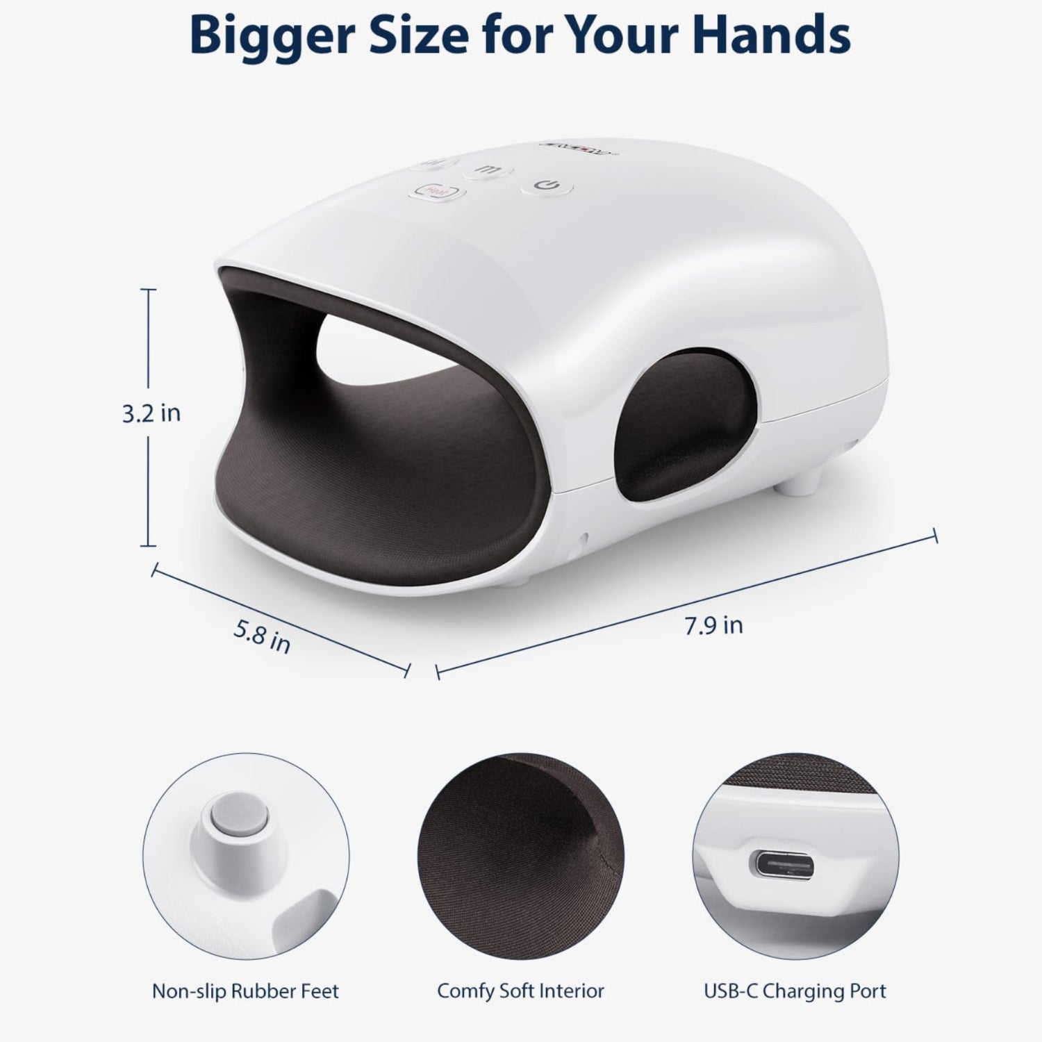 CINCOM cordless hand massager with heat and compression, showing the device with adjustable straps and control buttons.