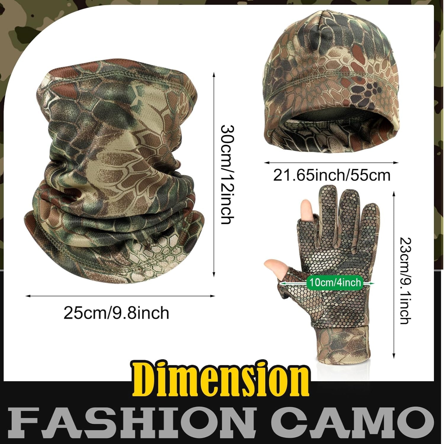 Janmercy camo hunting gloves, beanie, and neck gaiter set for men and women, designed for outdoor camouflage hunting activities.