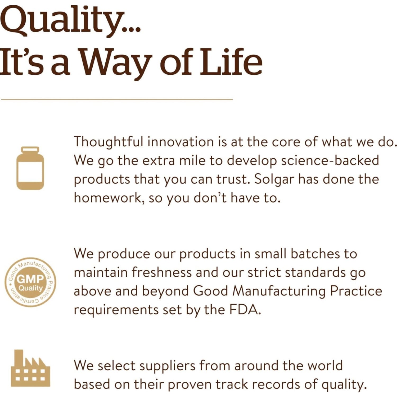 Solgar advertisement emphasizing quality and innovation in product development.
