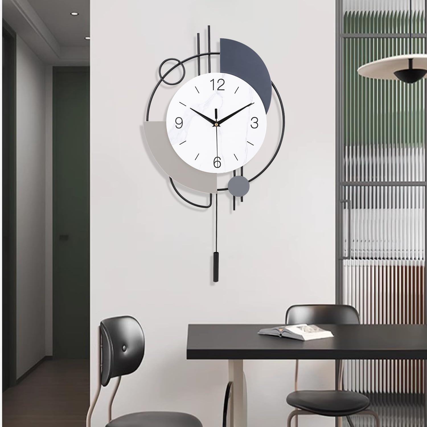 Dankeit large wall clock with silent quartz movement, battery operated, non-ticking design, featuring a classic pendulum for home decor.