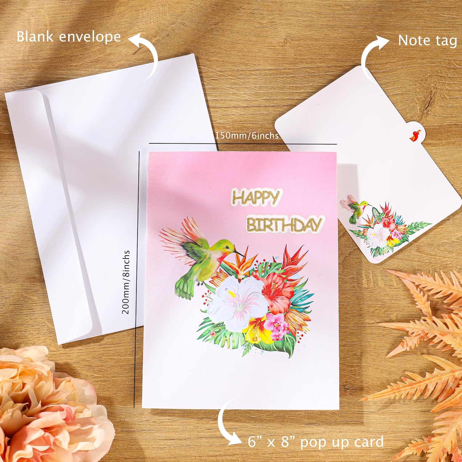 Beautiful SISTIMON hummingbird pop-up birthday card featuring vibrant flowers and detailed hummingbird design for women.