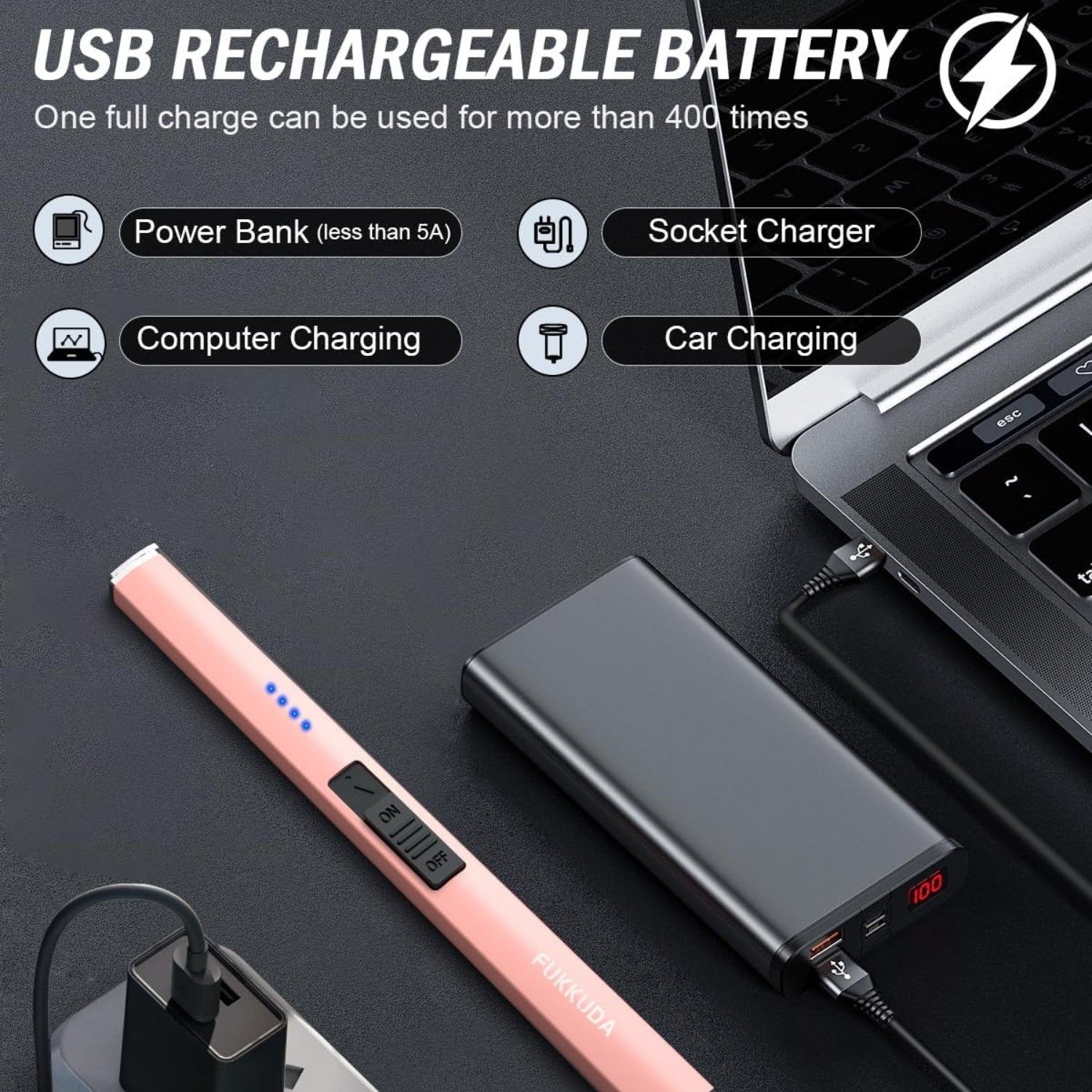 FUKKUDA electric candle lighter with safety switch, USB rechargeable, windproof design, shown with sleek black finish.
