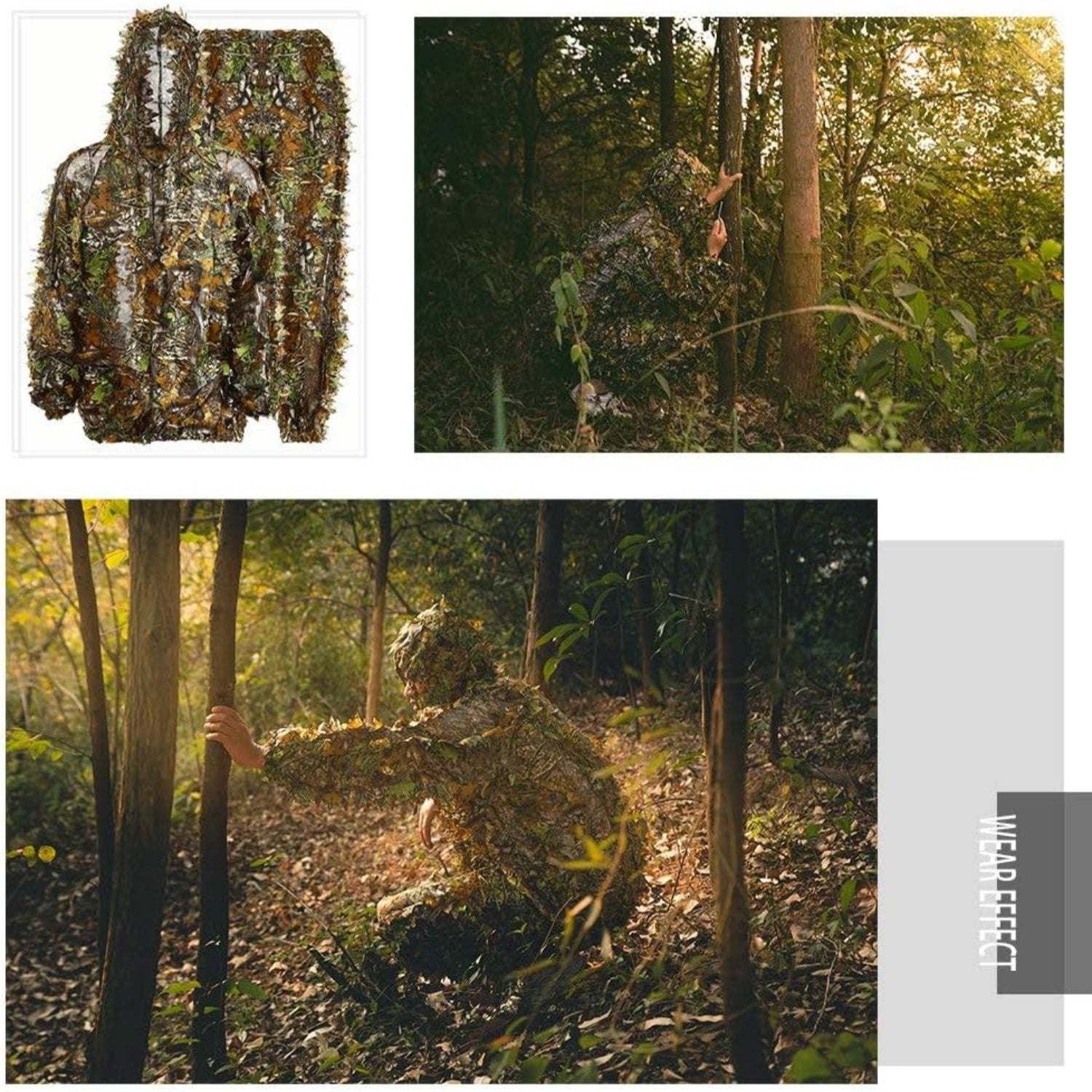 EAmber ghillie suit with 3D leaf camouflage pants, leafy green forest pattern, designed for hunting and outdoor concealment.