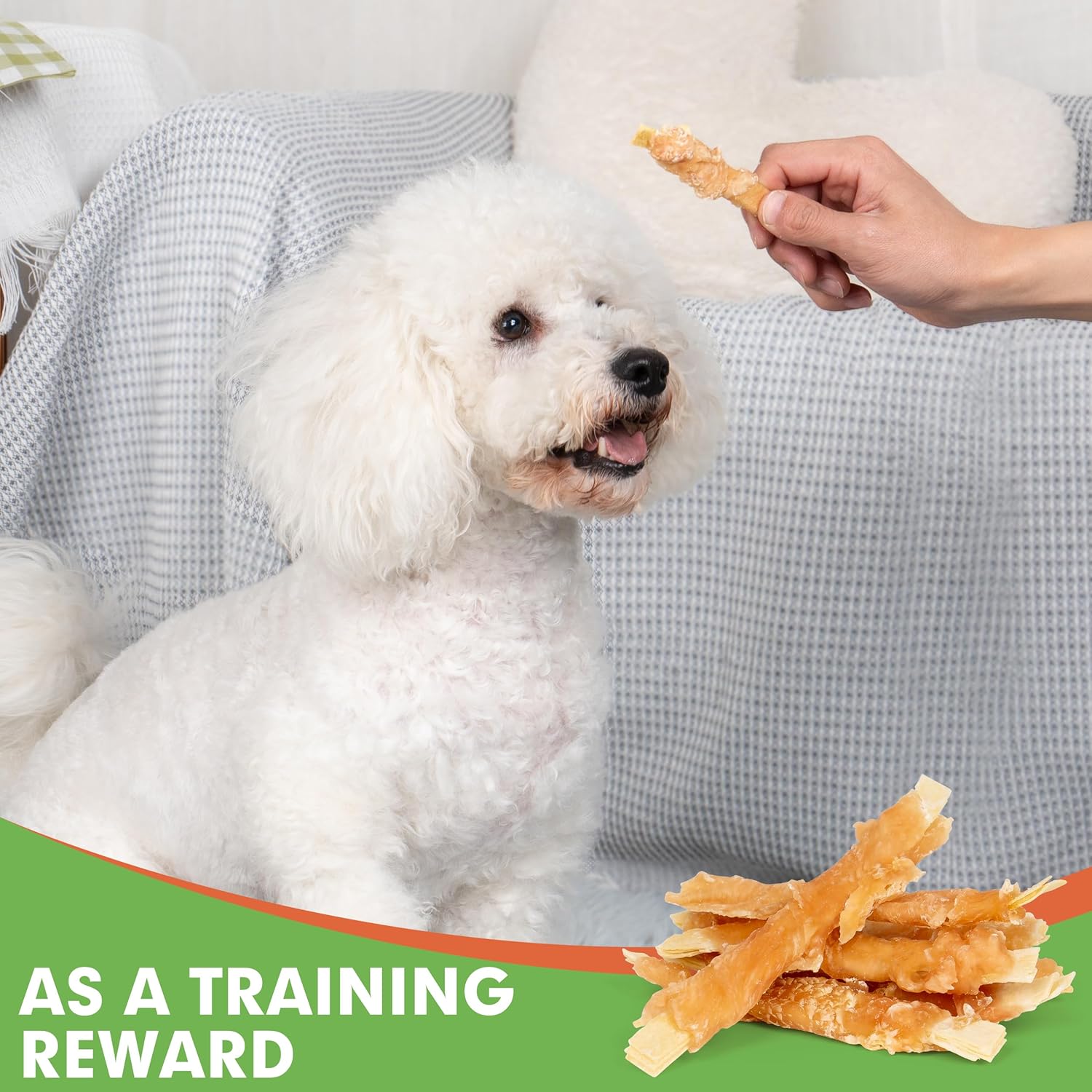MON2SUN rawhide-free dog treats featuring 4-inch chicken-wrapped cod fillet snacks for dogs, shown in the product image.