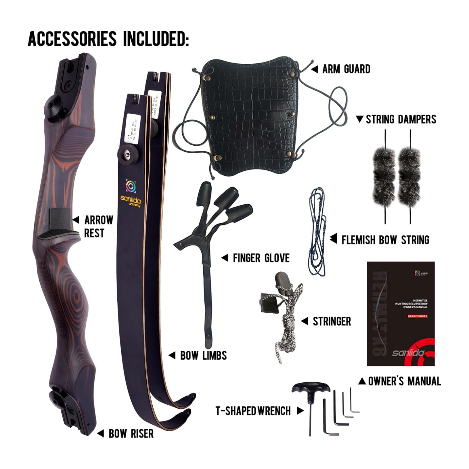 Sanlida Hermit X8 standard ILF takedown hunting recurve bow in wood finish, 60-62 inches, suitable for outdoor hunting and practice.