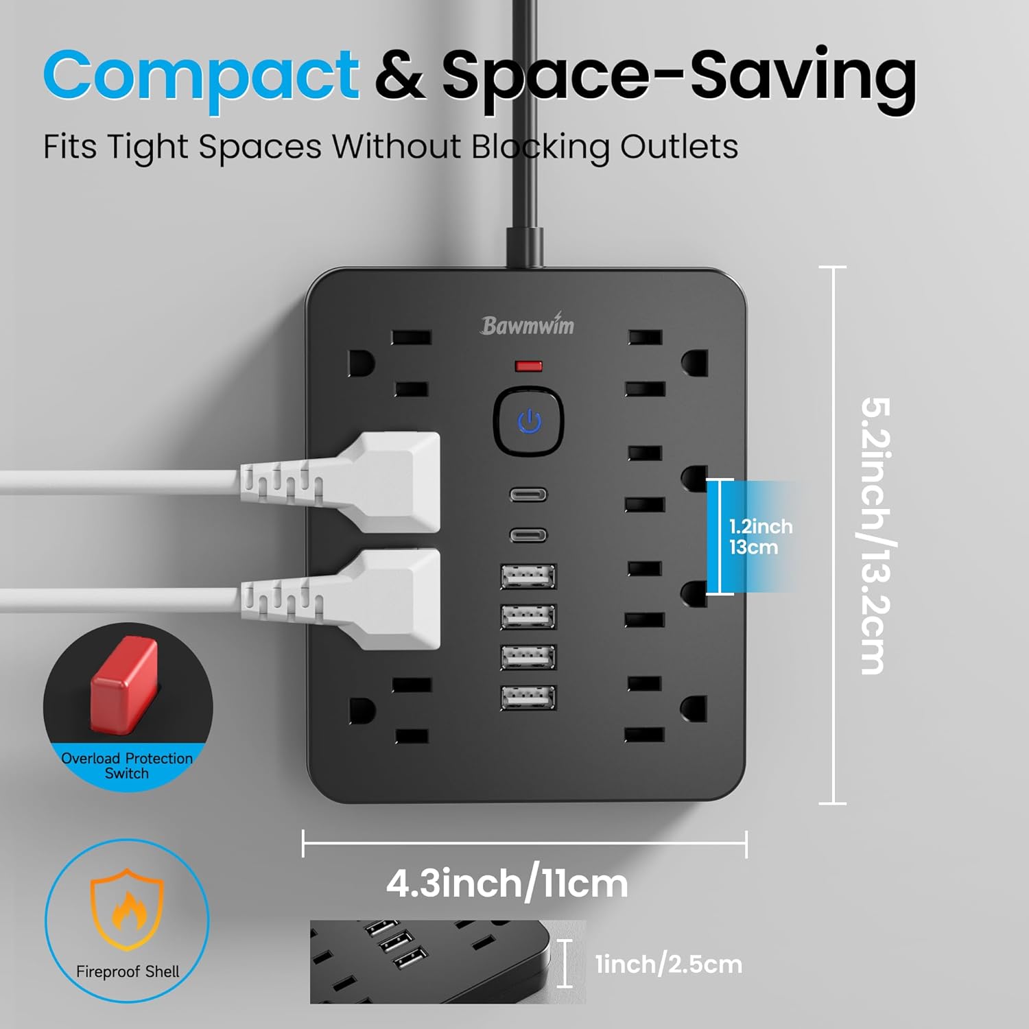 Compact power strip with multiple outlets and USB ports on a gray background