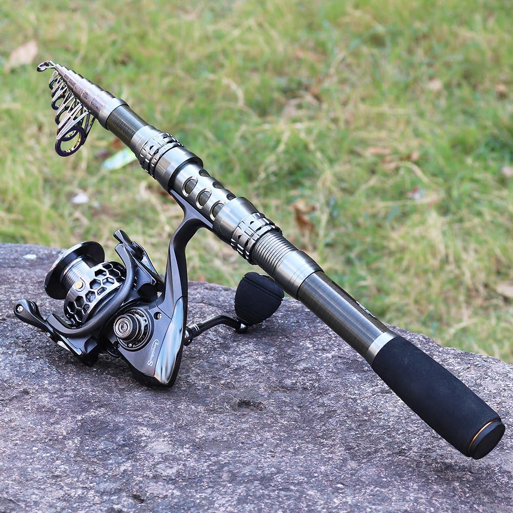 Sougayilang fishing rod reel combo with telescopic pole, spinning reel, and carrier bag for saltwater and freshwater fishing.