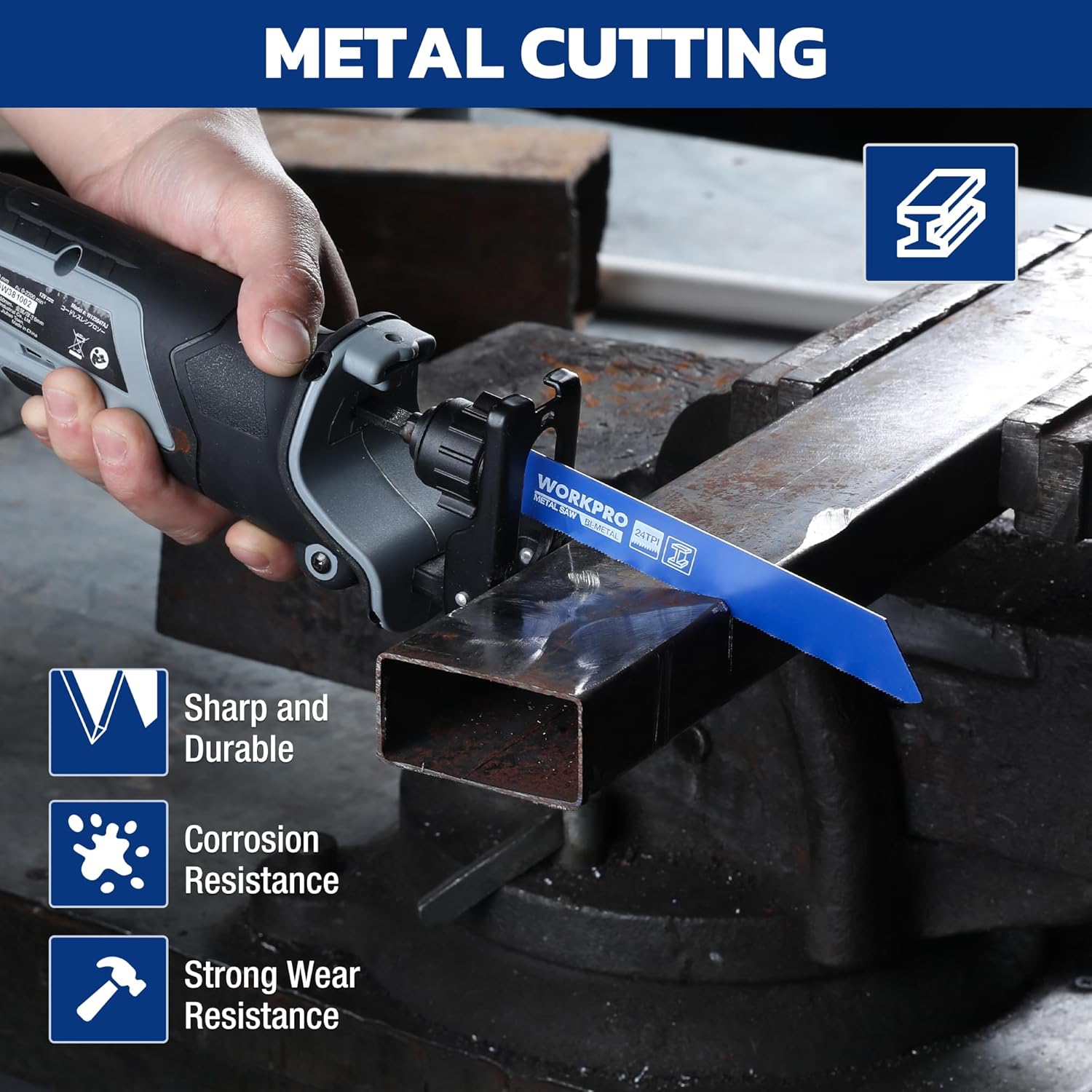 WORKPRO 32-piece reciprocating saw blade set with metal, woodcutting, and pruner blades displayed in a compact case.