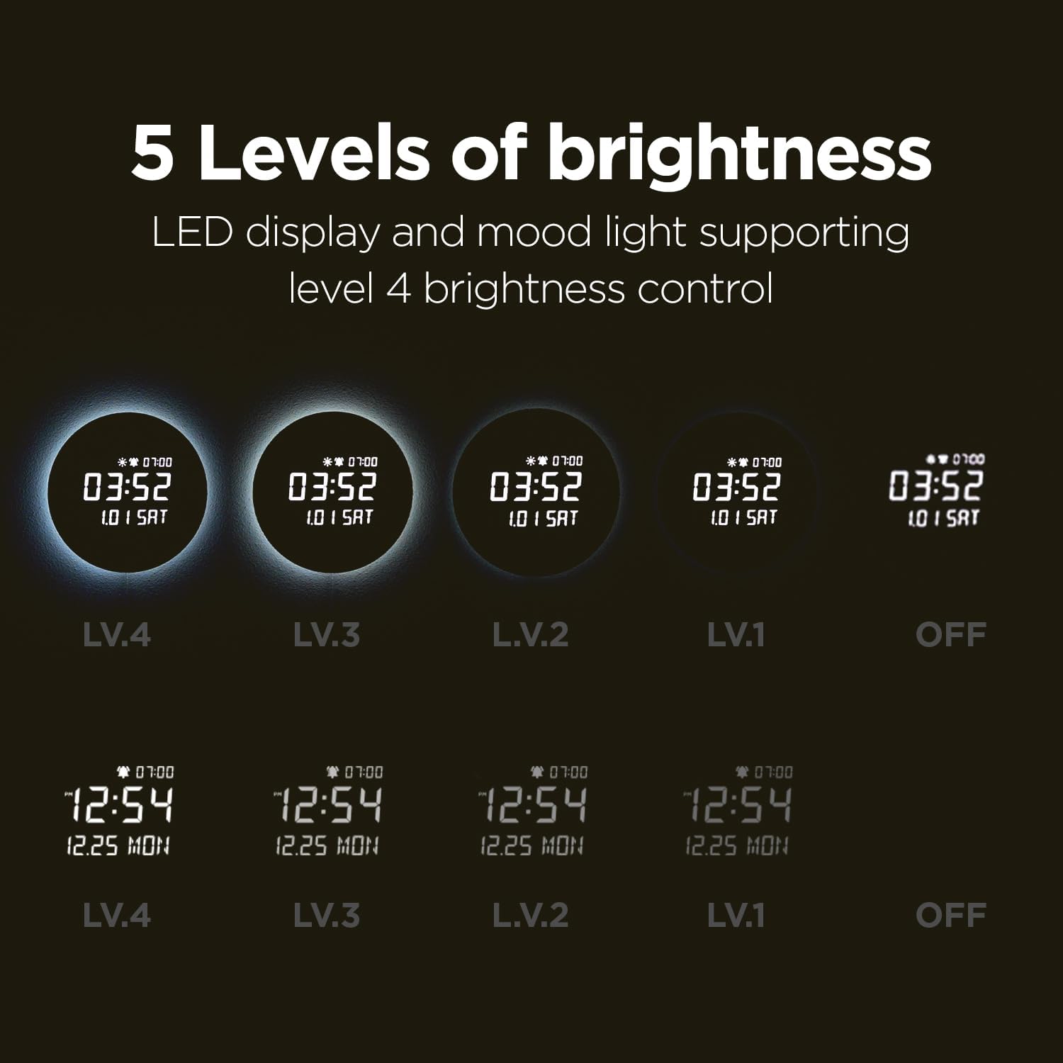 mooas Full Moon LED digital wall clock with wooden frame, silent mechanism, and remote control, displaying time in a modern design