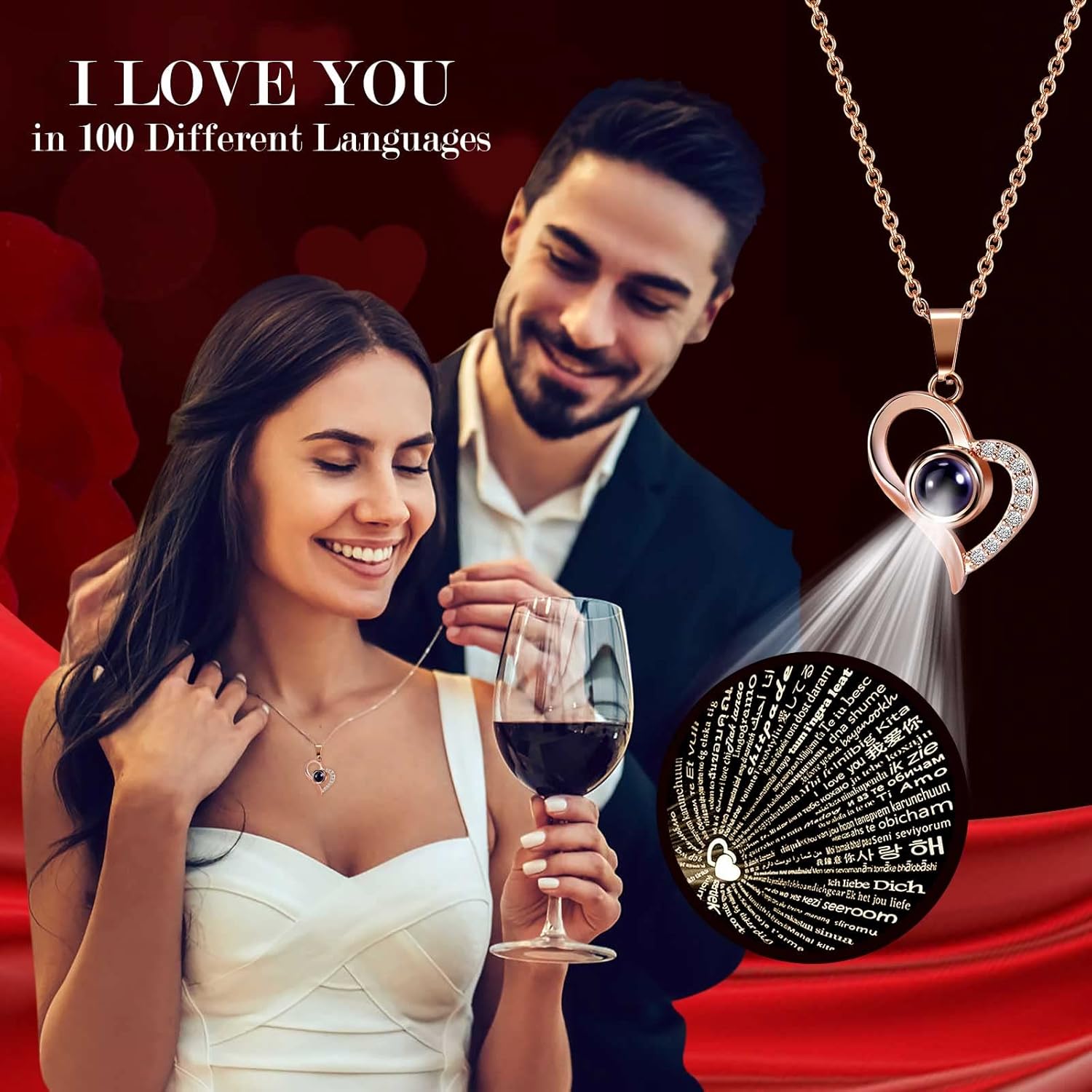 ADDWel Preserved Real Rose with I Love You Necklace in 100 Languages, Eternal Red Rose
