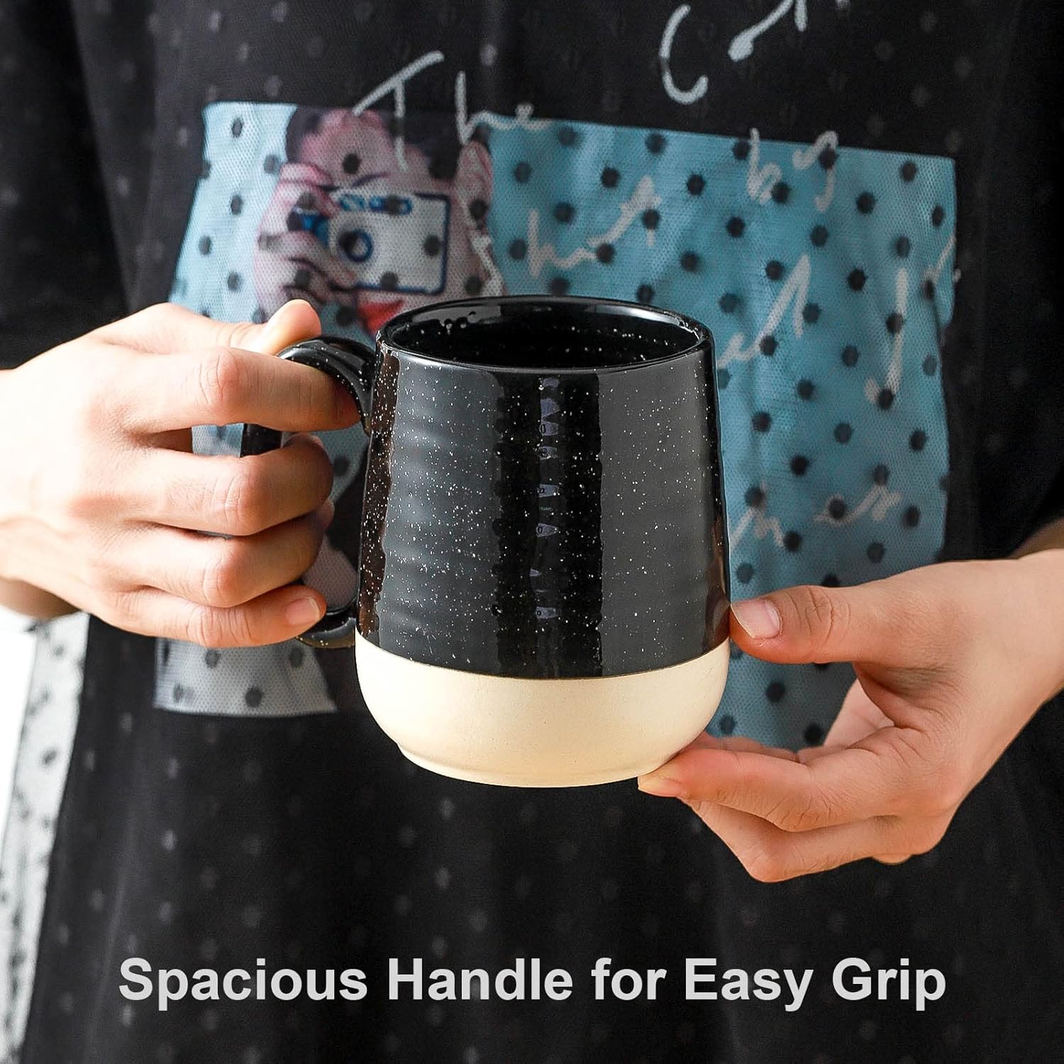 Set of four HASENSE 15-ounce ceramic coffee mugs with handles, porcelain cups for hot beverages, stacked on a wooden table.