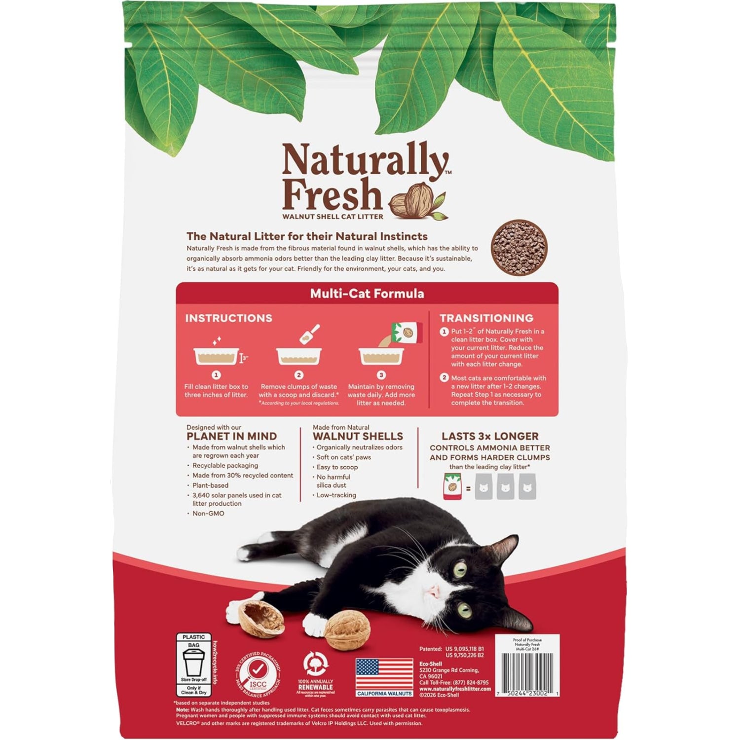 Naturally Fresh Walnut Shell Cat Litter for multiple cats, unscented, natural odor control, and highly absorbent.