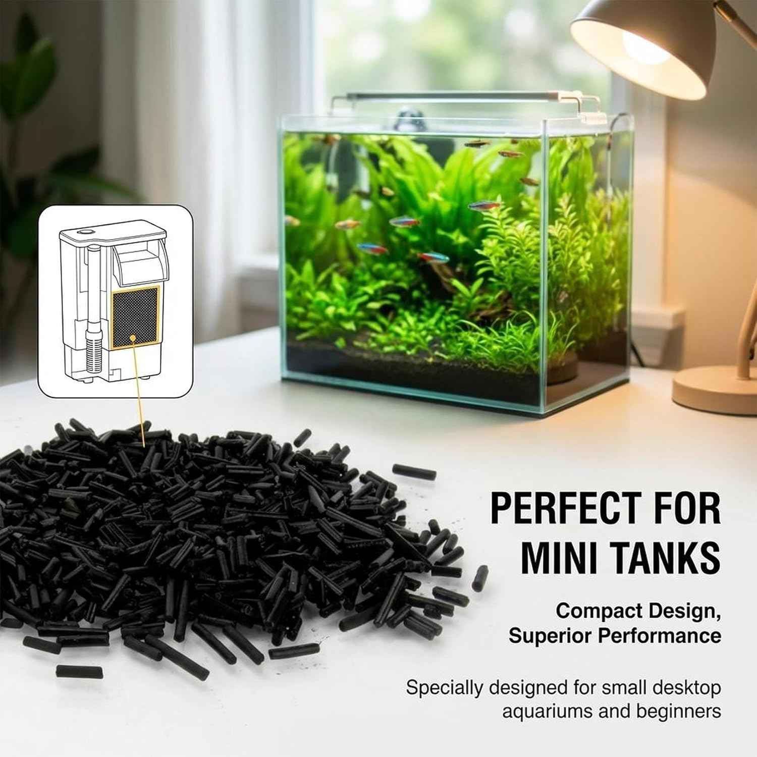 Sukh 310g acid-free activated carbon pellets for filtration and purification, shown in a clear container with black porous pellets.