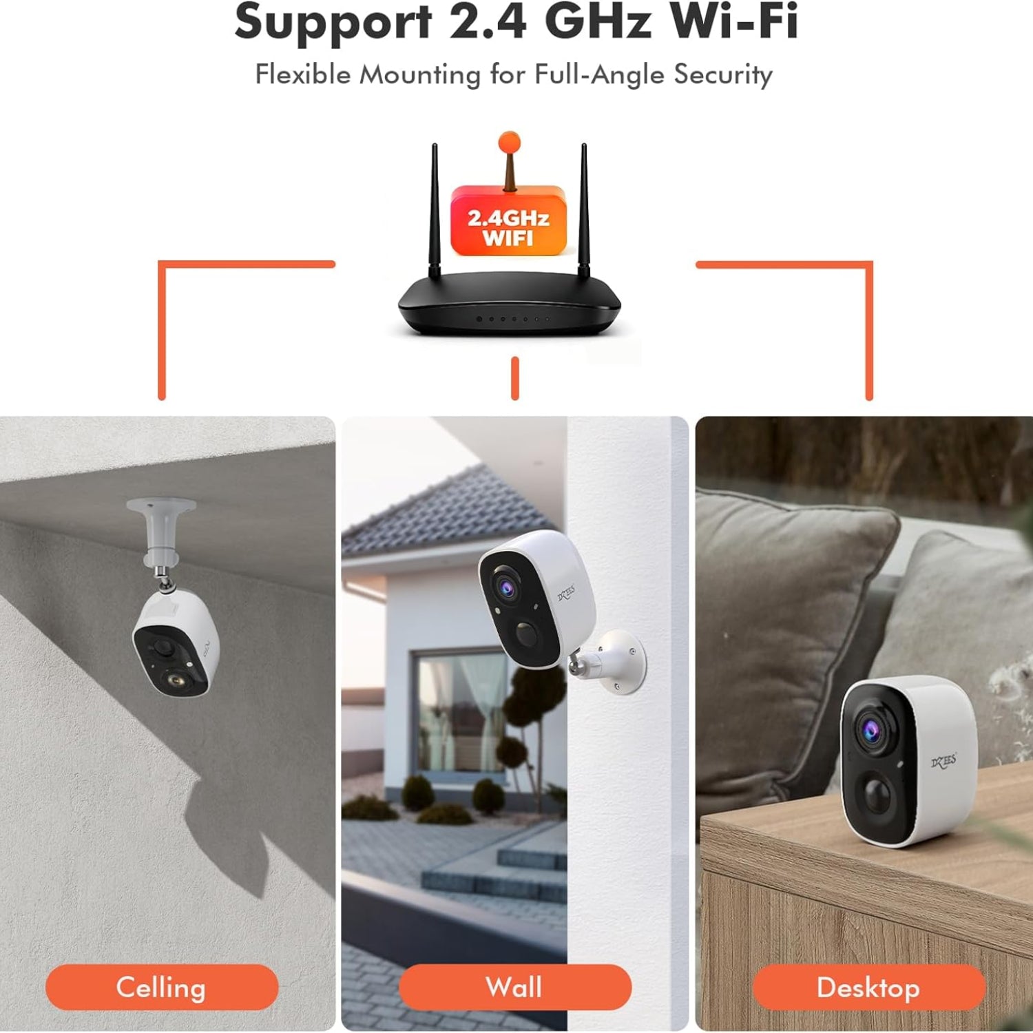 Wireless Dzees outdoor camera with 2K resolution, battery-powered WiFi surveillance camera showing the camera lens and mounting bracket.