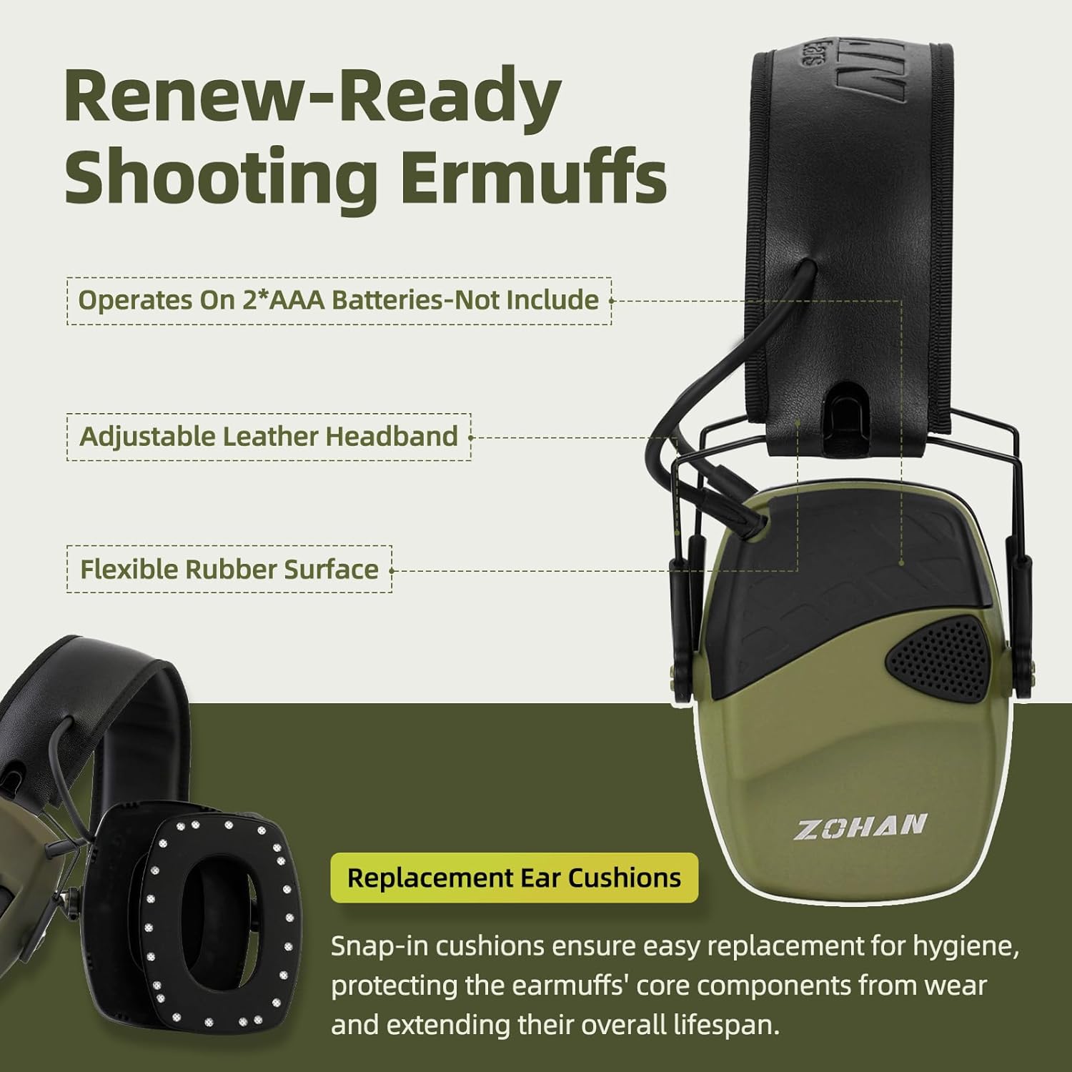 ZOHAN EM054 electronic shooting ear protection with sound amplification, showing the black headset with adjustable headband and ear cups.
