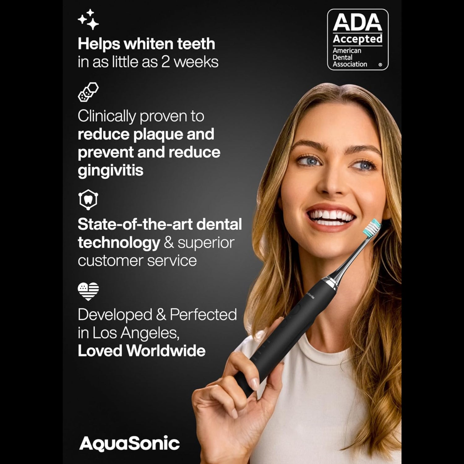 Woman holding an electric toothbrush with product features and Aquasonic branding on a black background.
