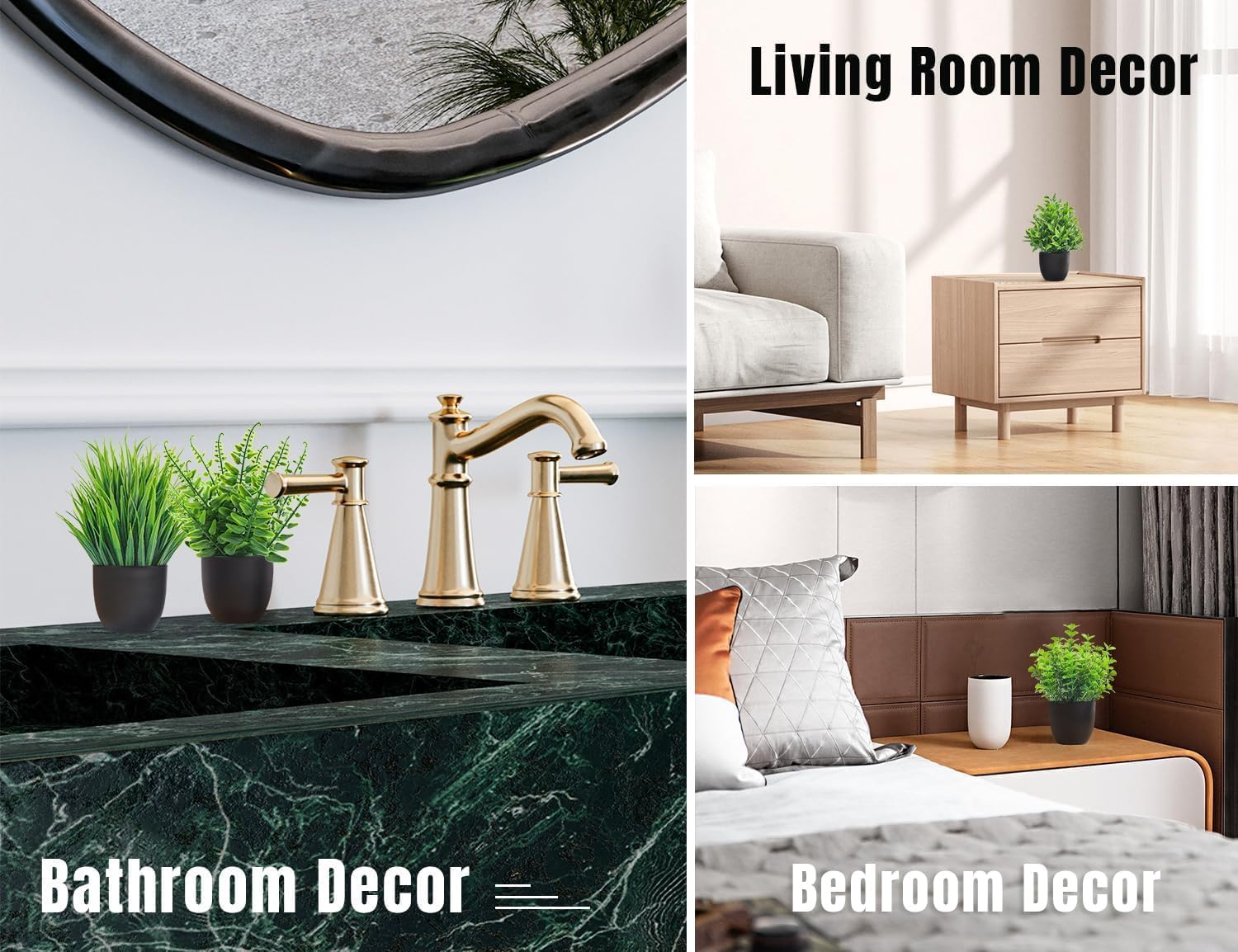 Collage of bathroom, living room, and bedroom decor with text labels.