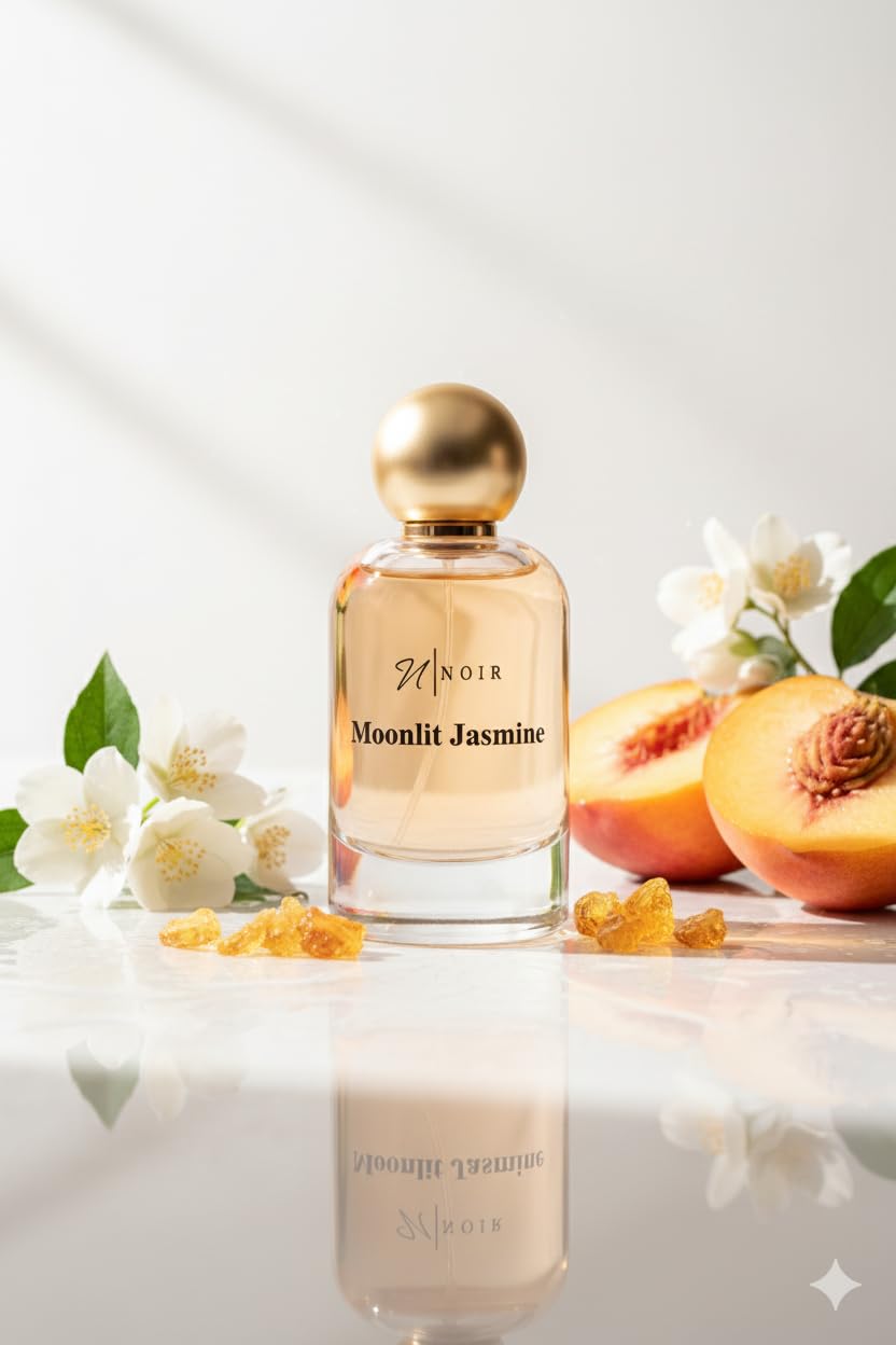 NOIR Moonlit Jasmine Eau de Parfum for Women, warm sweet floral fragrance in a sleek perfume bottle.