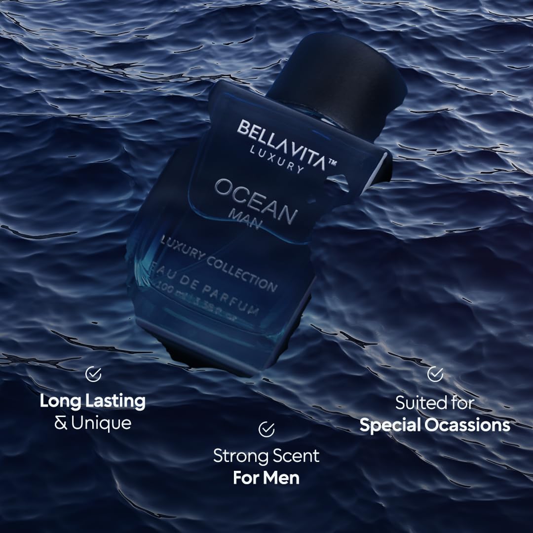 BellaVita Luxury Ocean Eau de Perfume for Men, 100ml, featuring fresh aquatic notes of bergamot, orchid, jasmine, and masculine aroma.