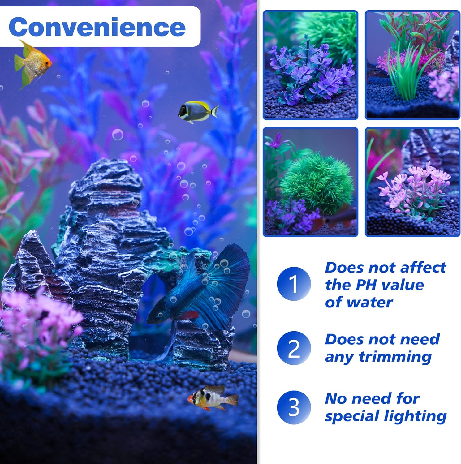 Artificial plastic aquarium plants and rock cave decor by Ameliade, designed to enhance aquatic tank aesthetics.