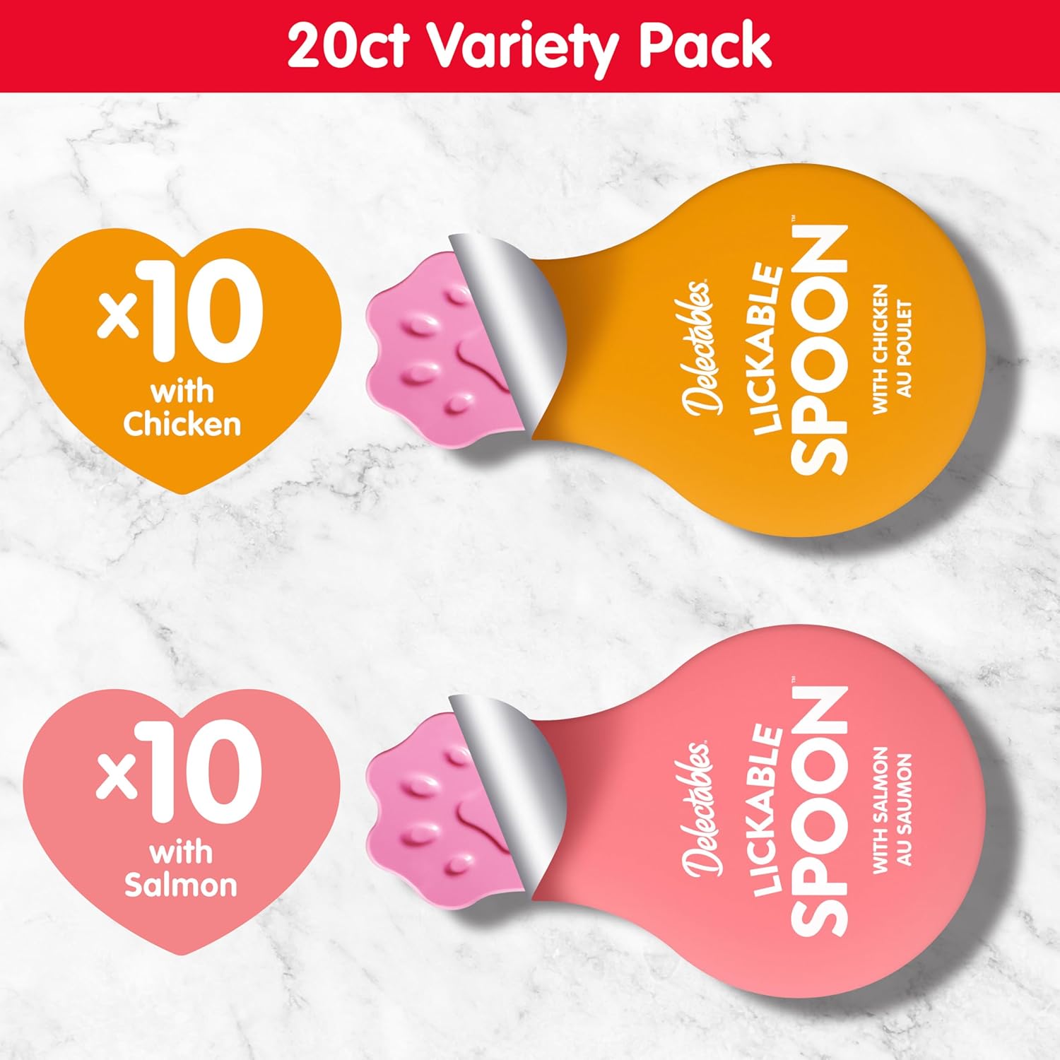 Delectables Lickable Spoon wet cat treats with real chicken and salmon in a 20-count pack, showing the treats in a resealable package.