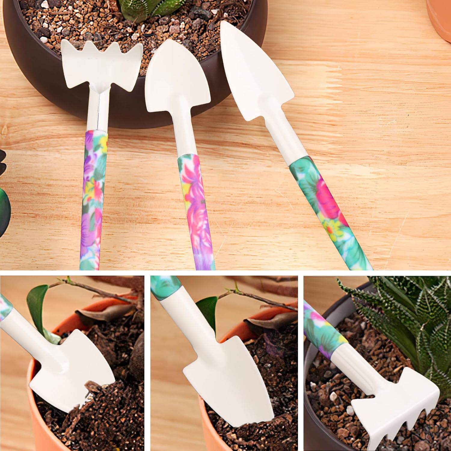 JUMPHIGH 10-piece gardening tools set with floral print and ergonomic handles, including trowels, pruners, and cultivators.