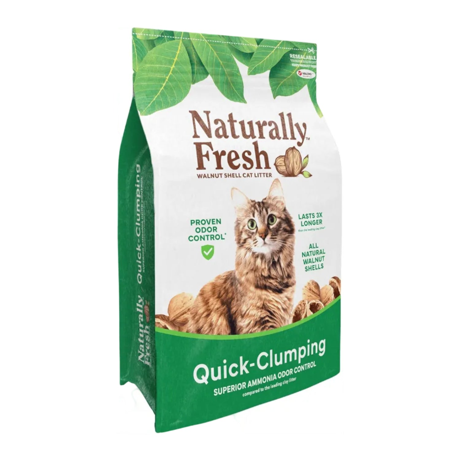 Naturally Fresh walnut shell cat litter in a container, showing quick-clumping natural cat litter for odor control.
