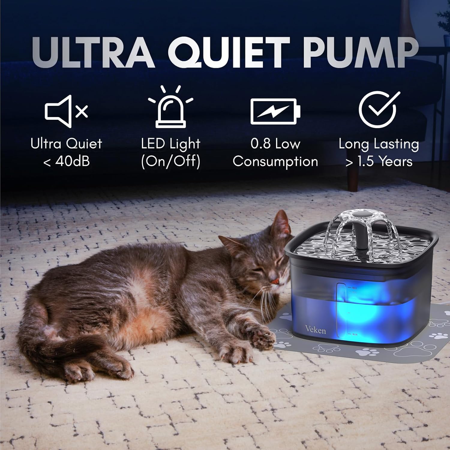 Veken 95oz/2.8L automatic cat water fountain with sleek design, featuring flowing water and a pet-friendly spout for fresh hydration