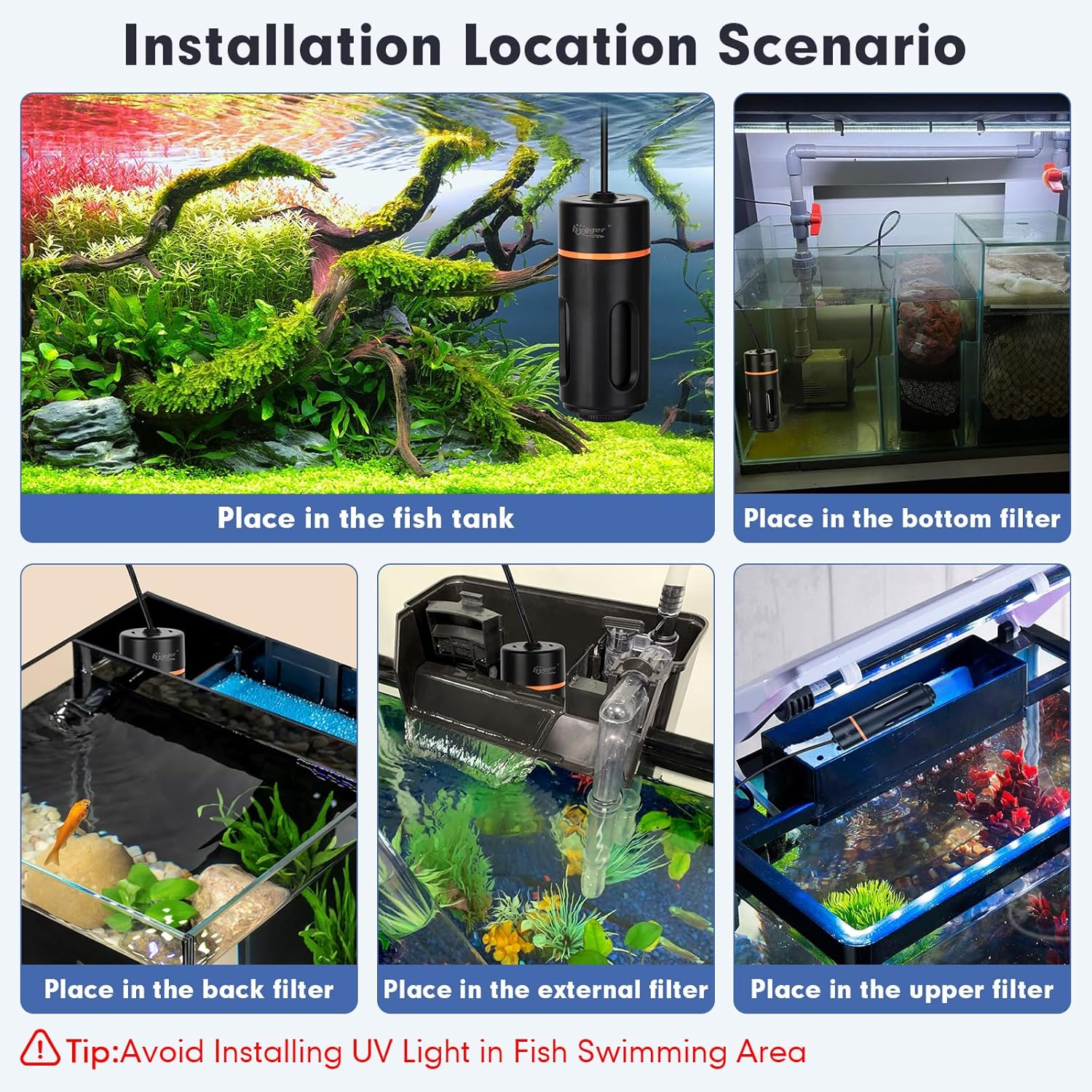 hygger aquarium U-V light with timer and 360° protective shield, showing the sleek, clean design of the device.