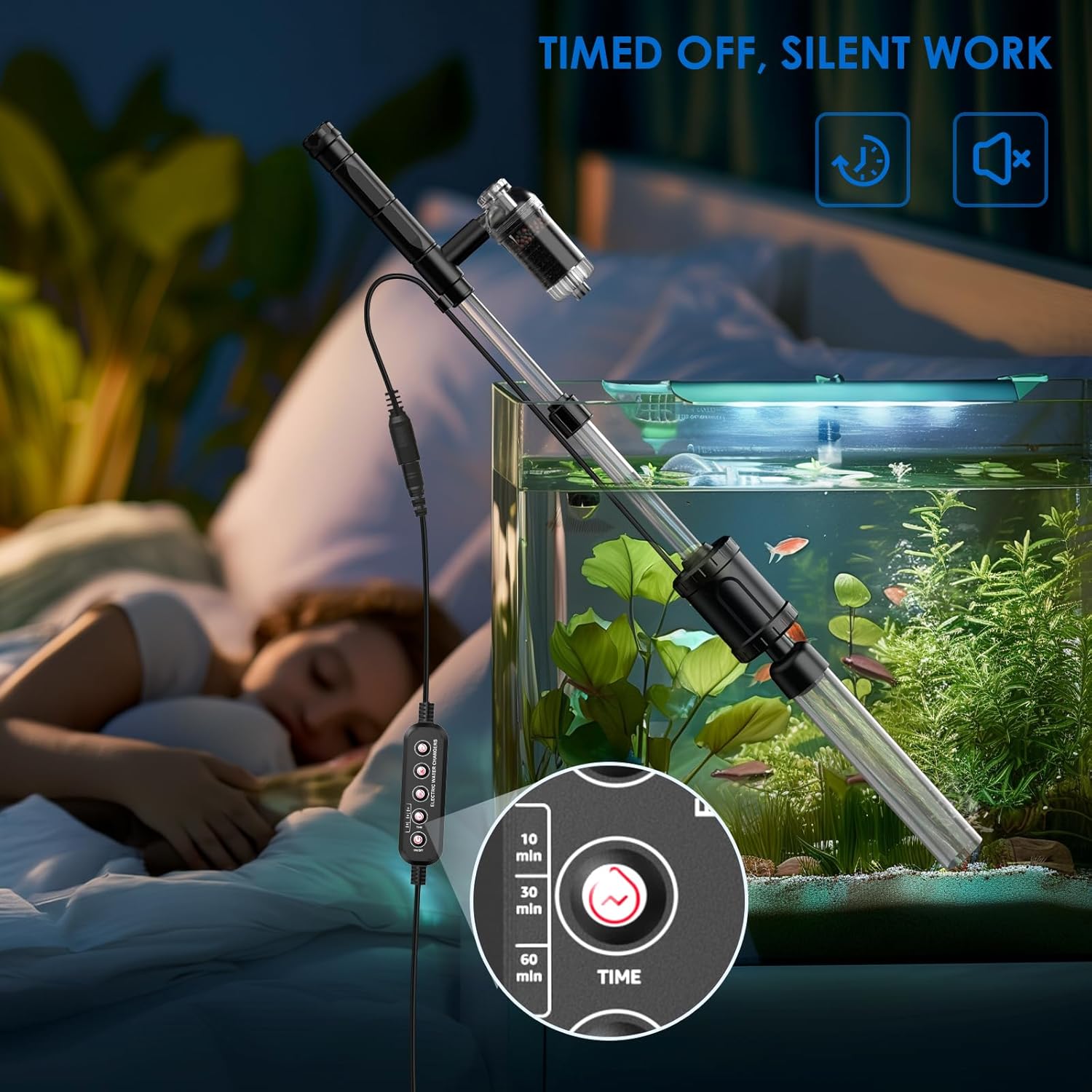 Suness 36W electric fish tank vacuum gravel cleaner for aquariums, featuring a compact aquarium gravel siphon and cleaning tool.