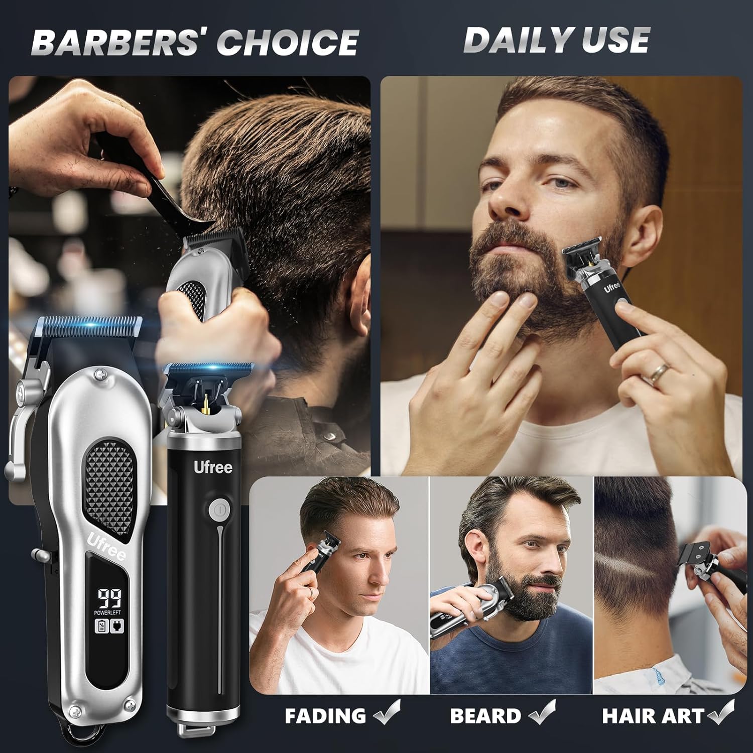 Ufree professional hair clippers for men with adjustable blades and multiple attachments, ideal for precise grooming and trimming.