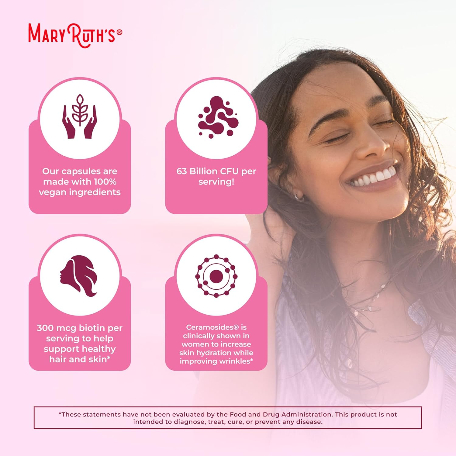 MaryRuth's probiotic beauty capsules with vegan collagen support, showing the bottle and capsules on a clean background.