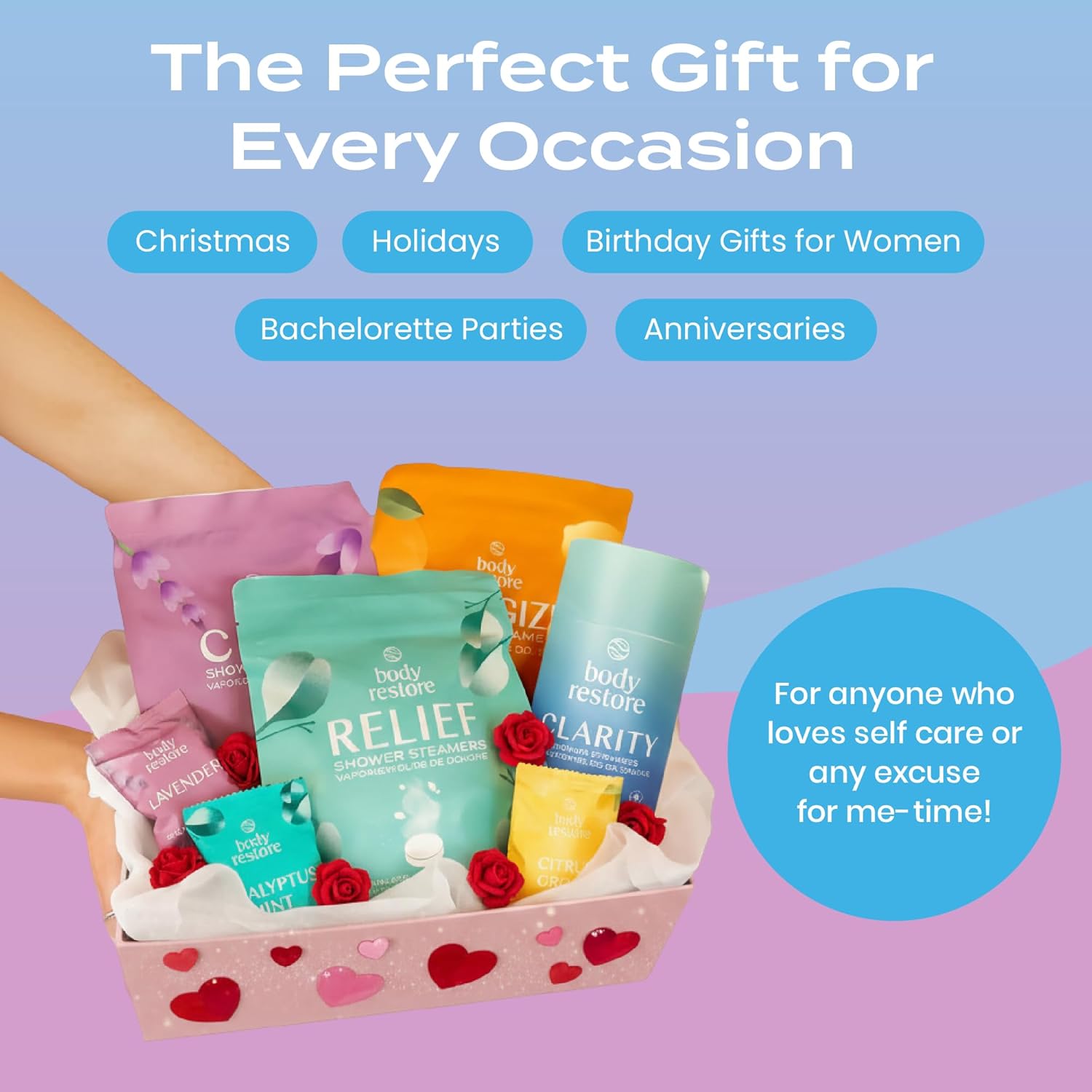 Body Restore shower steamers aromatherapy pack with six colorful steamers for a relaxing shower experience.