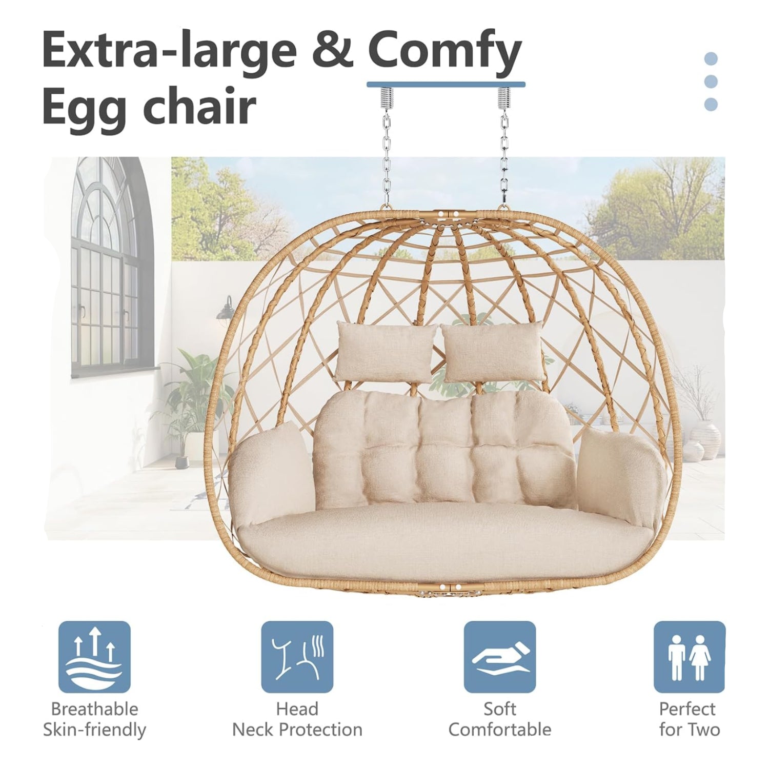 SWITTE double egg swing chair with stand, two-person outdoor and indoor hammock, shown in a cozy backyard setting