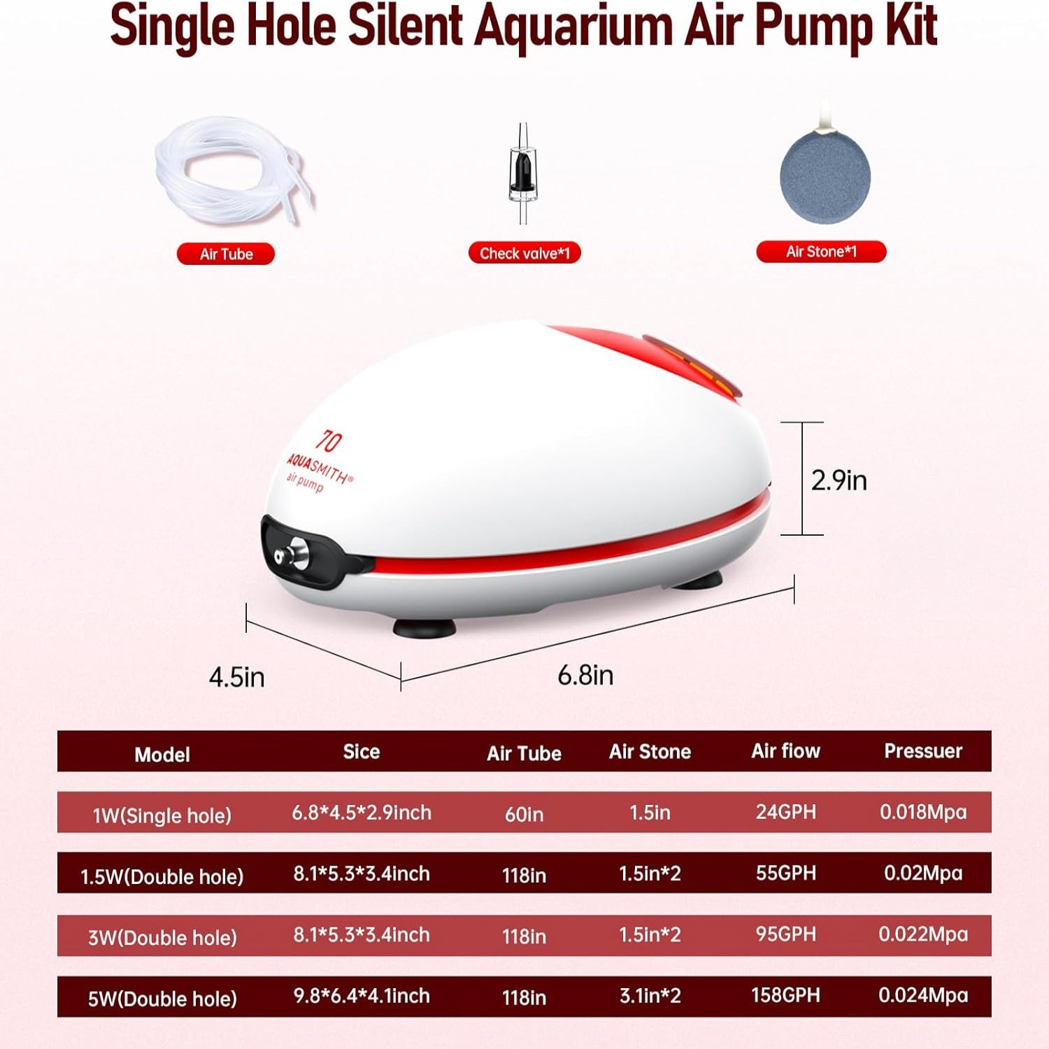 1w Ultra Quiet Aquarium Air Pump, Aquarium Aerator Adjustable Airflow