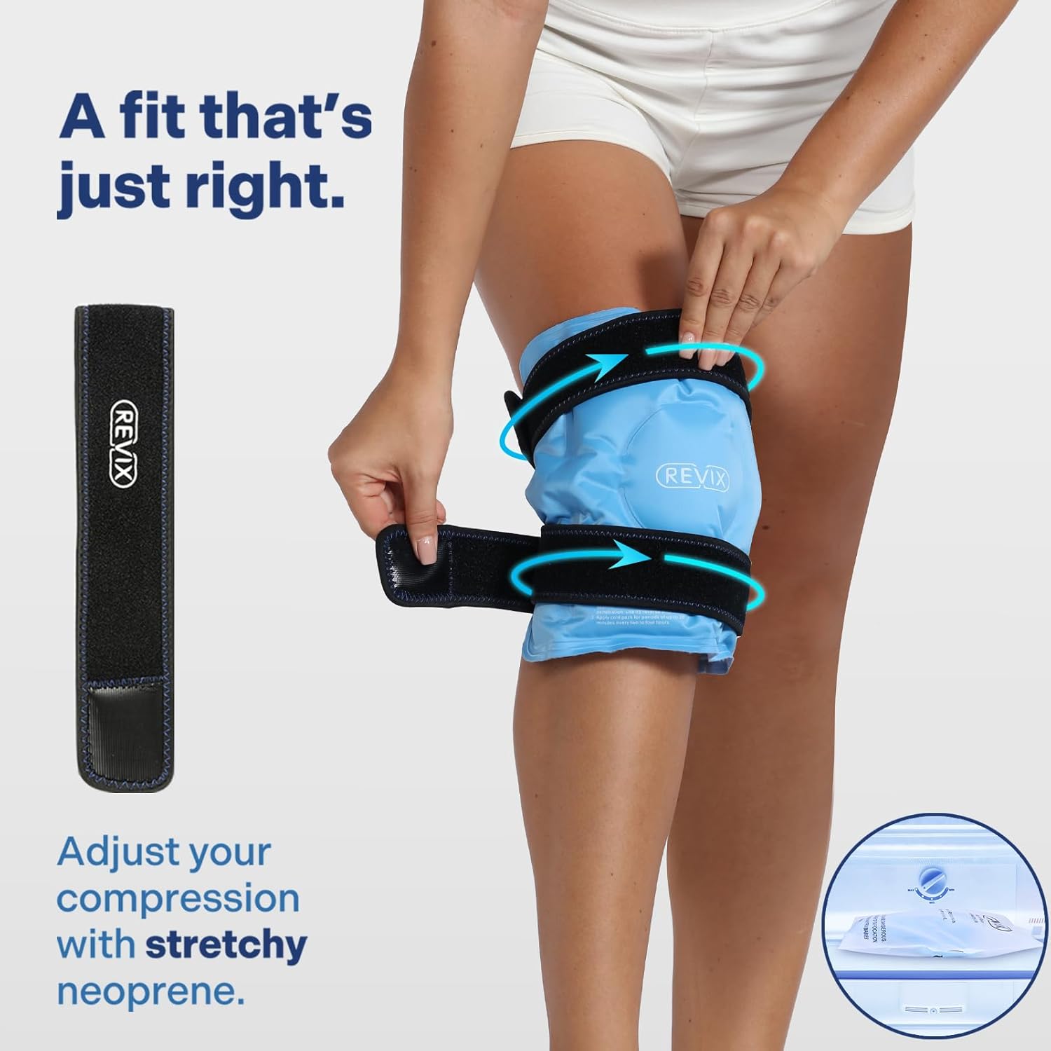 Person wearing a blue compression garment with adjustable stretchy neoprene, featuring REVLX branding.