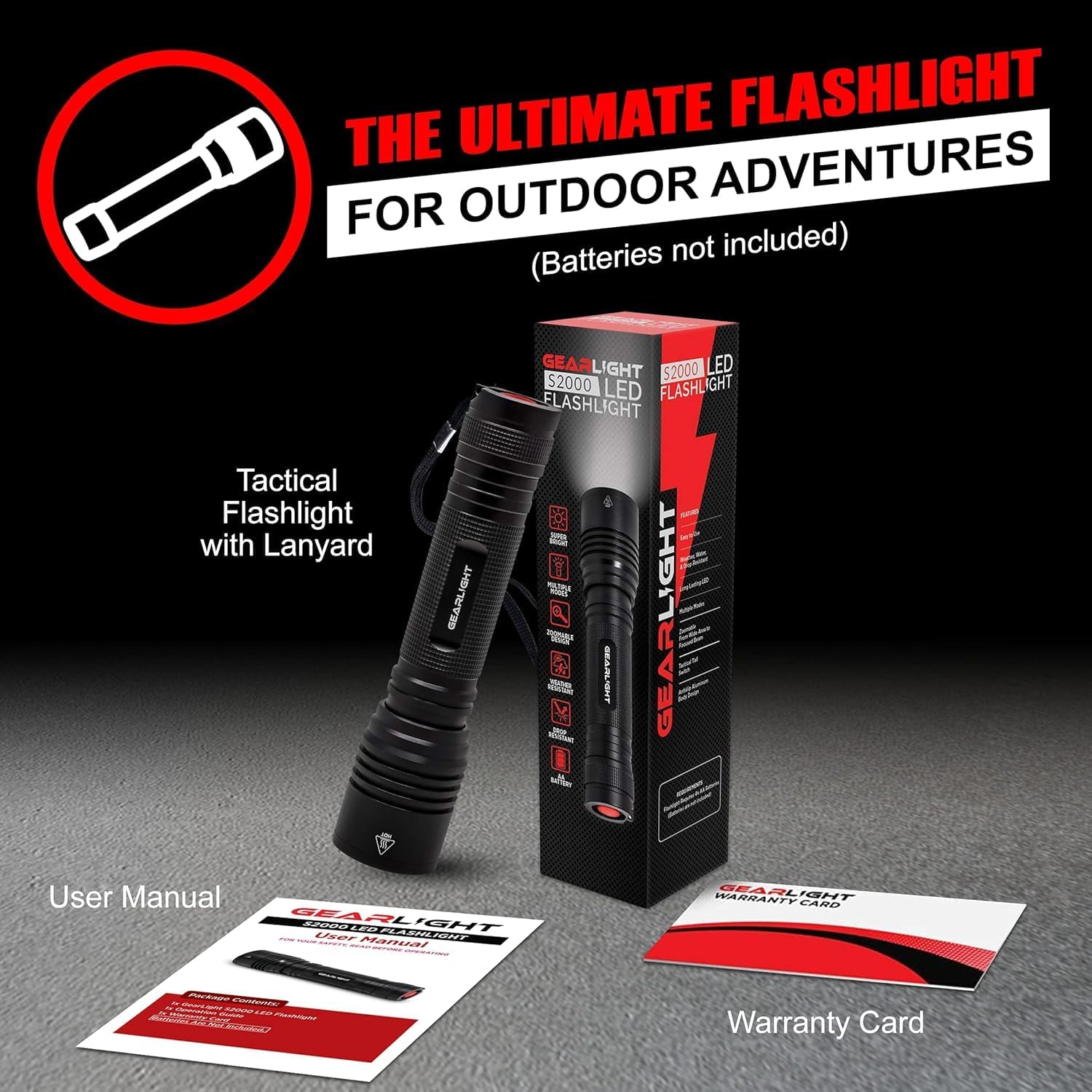 GeeAbleight tactical flashlight with packaging, user manual, and warranty card on a gray surface.