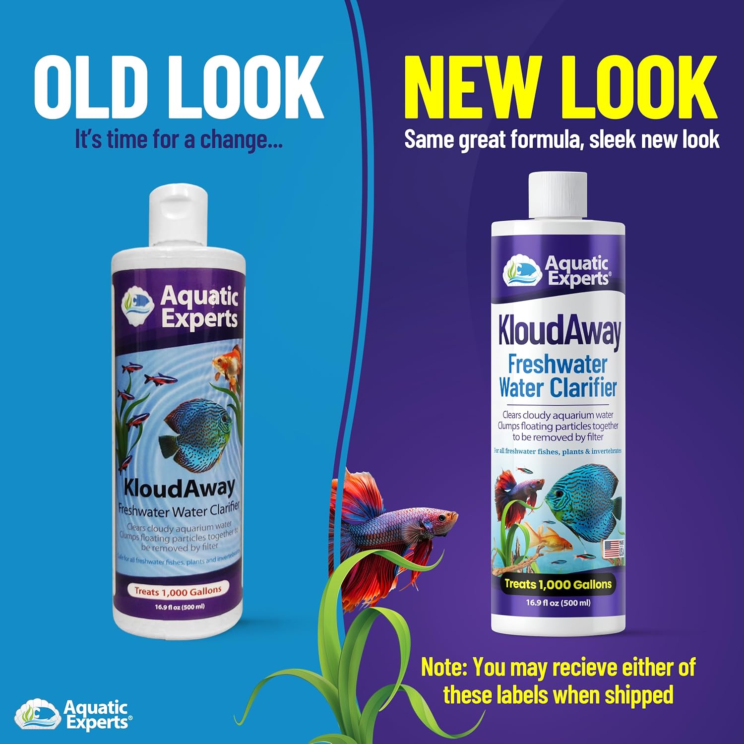 Aquatic Experts KloudAway freshwater aquarium water clarifier bottle with label, designed to clear cloudy water in fish tanks.