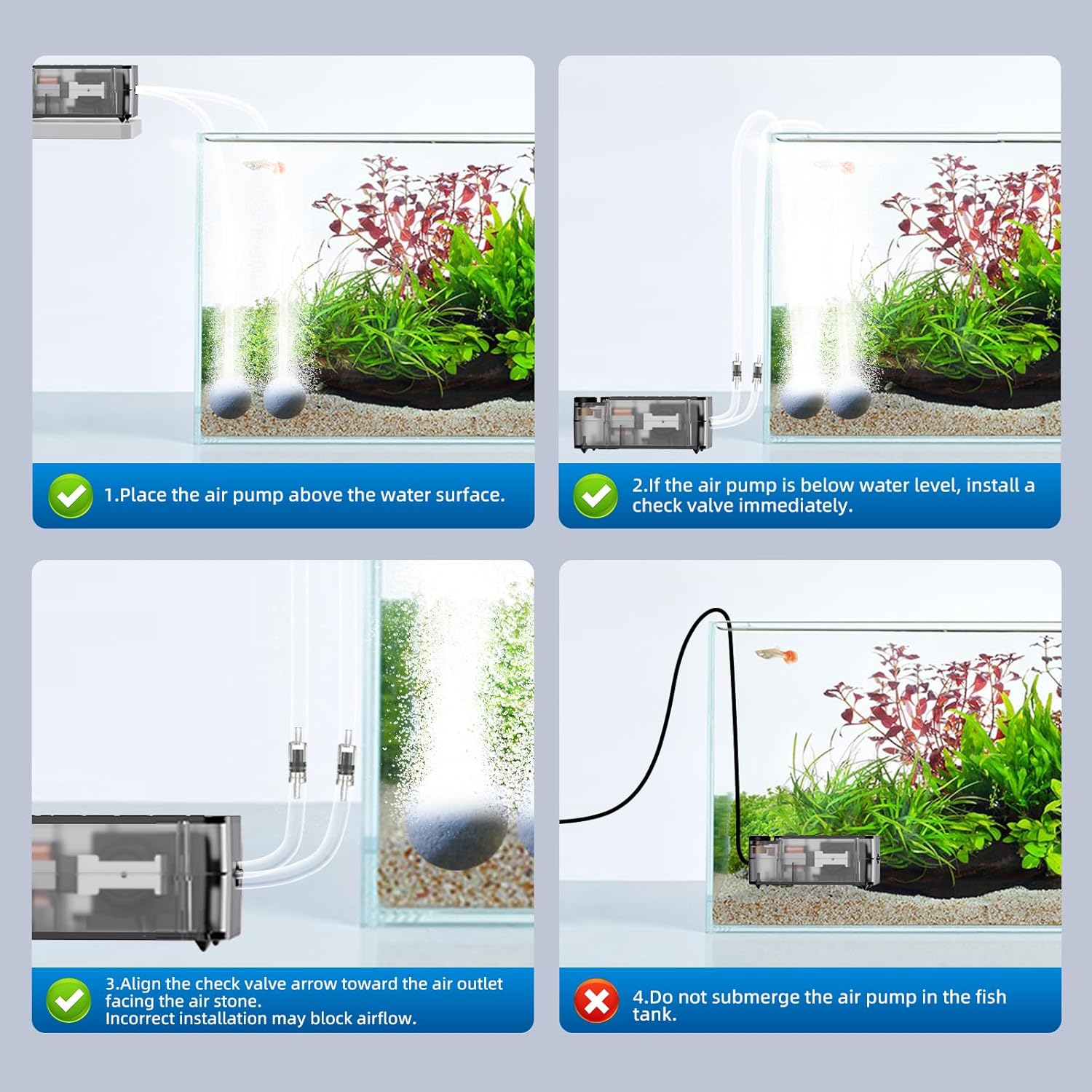AQUASMITH ultra-silent small air pump for aquariums with output aerator and compact design for fish tank oxygenation.